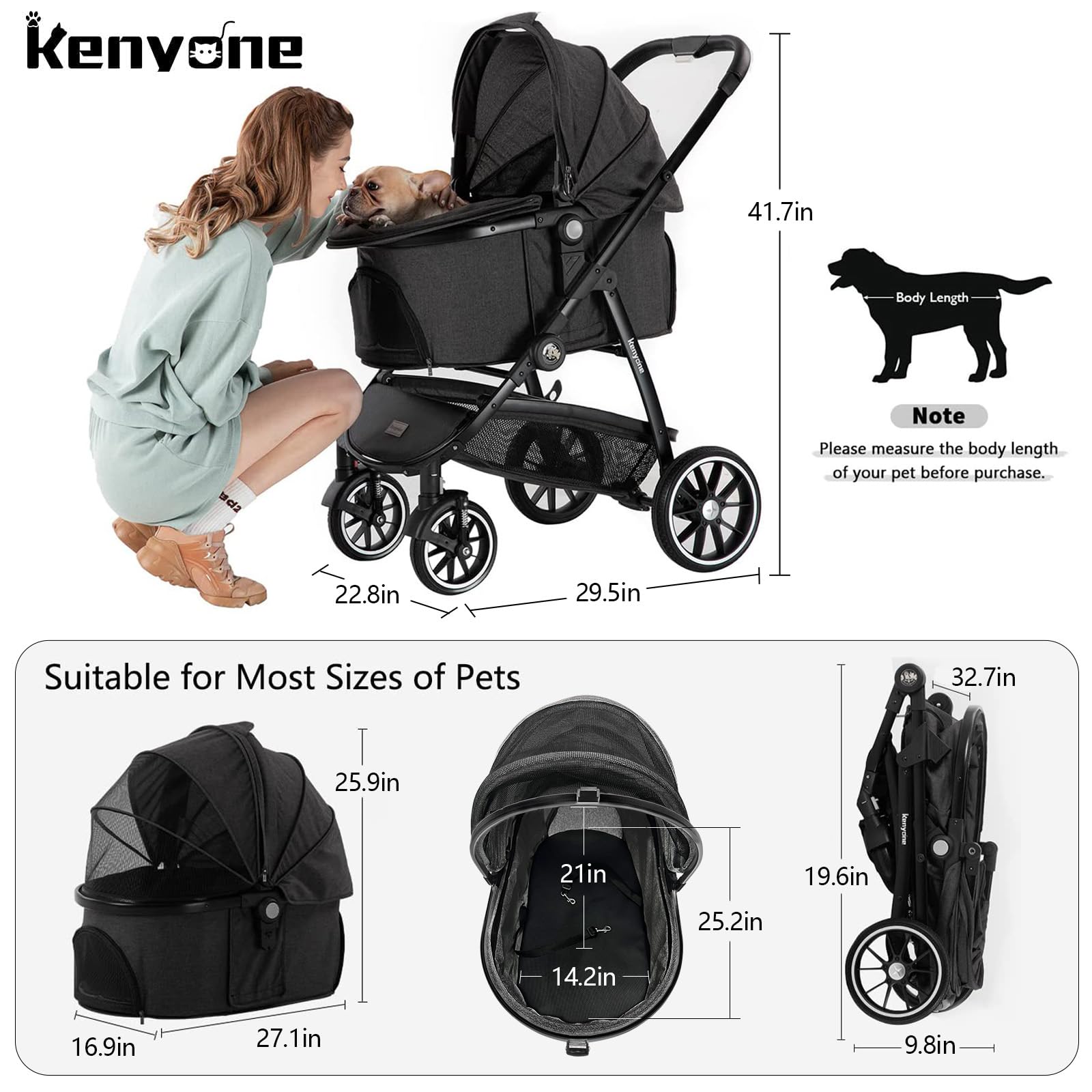 Kenyone 3-in-1 Pet Stroller for Small to Medium Dogs & Cats - Detachable Carrier for Puppies, Kittens & Bunnies (Black C510) | Perfect for Vet Visits, Park Walks & Travel Adventures