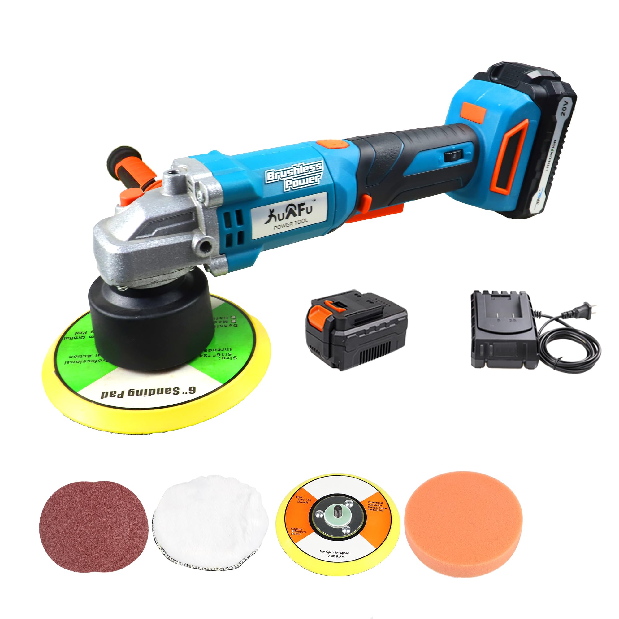 KuAFu 20V Brushless Cordless Car Polisher - 6 Inch Dual Action Buffer with 6 Variable Speeds, Anti-Vibration Handle, 4.0Ah Battery & 4 Pads for Waxing, Polishing & Scratch Removal - Perfect for Car Detailing, RV & Boat Maintenance