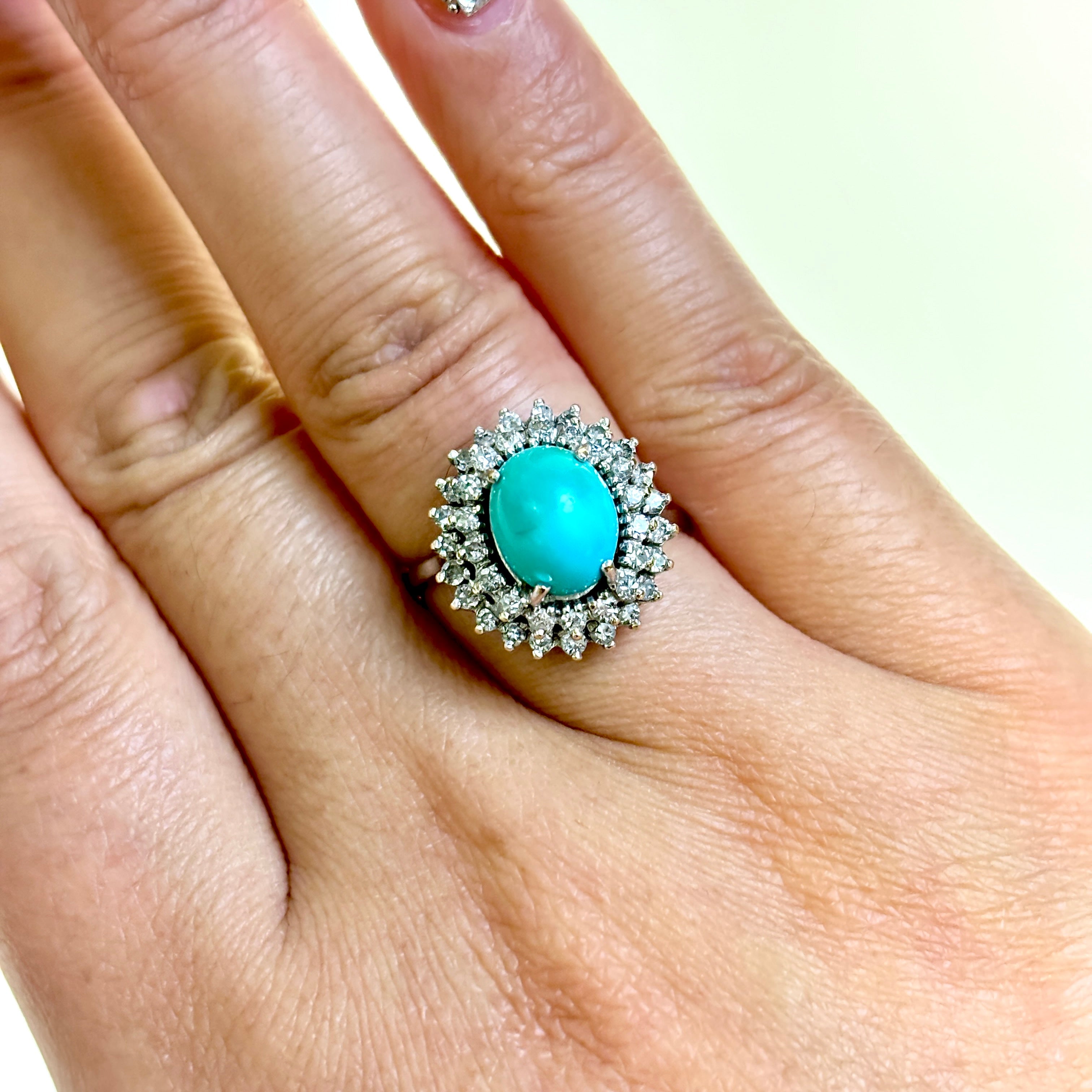 18K White Gold Turquoise and Diamond Ring - 2.74ct Natural Turquoise & 0.54ctw Diamonds - Size 7.25 - Elegant Statement Jewelry for Weddings, Anniversaries & Special Occasions