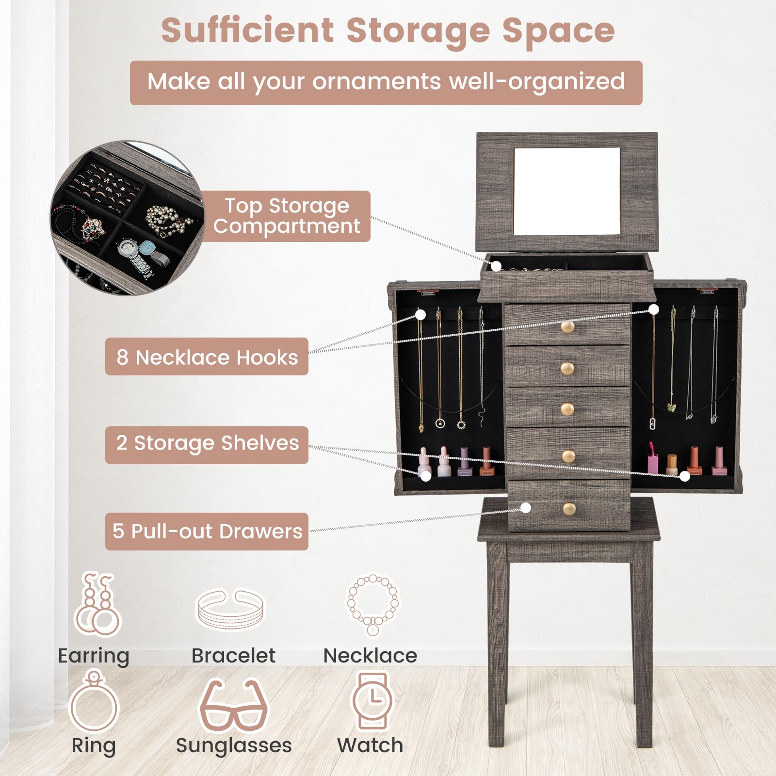 Giantex Wooden Jewelry Storage Cabinet with 5 Drawers & 8 Necklace Hooks - Standing Jewelry Armoire with Flip Mirror, 4 Compartments & 2 Side Doors - Antique Washed Gray Finish - Perfect for Bedroom, Closet & Dressing Room Organization