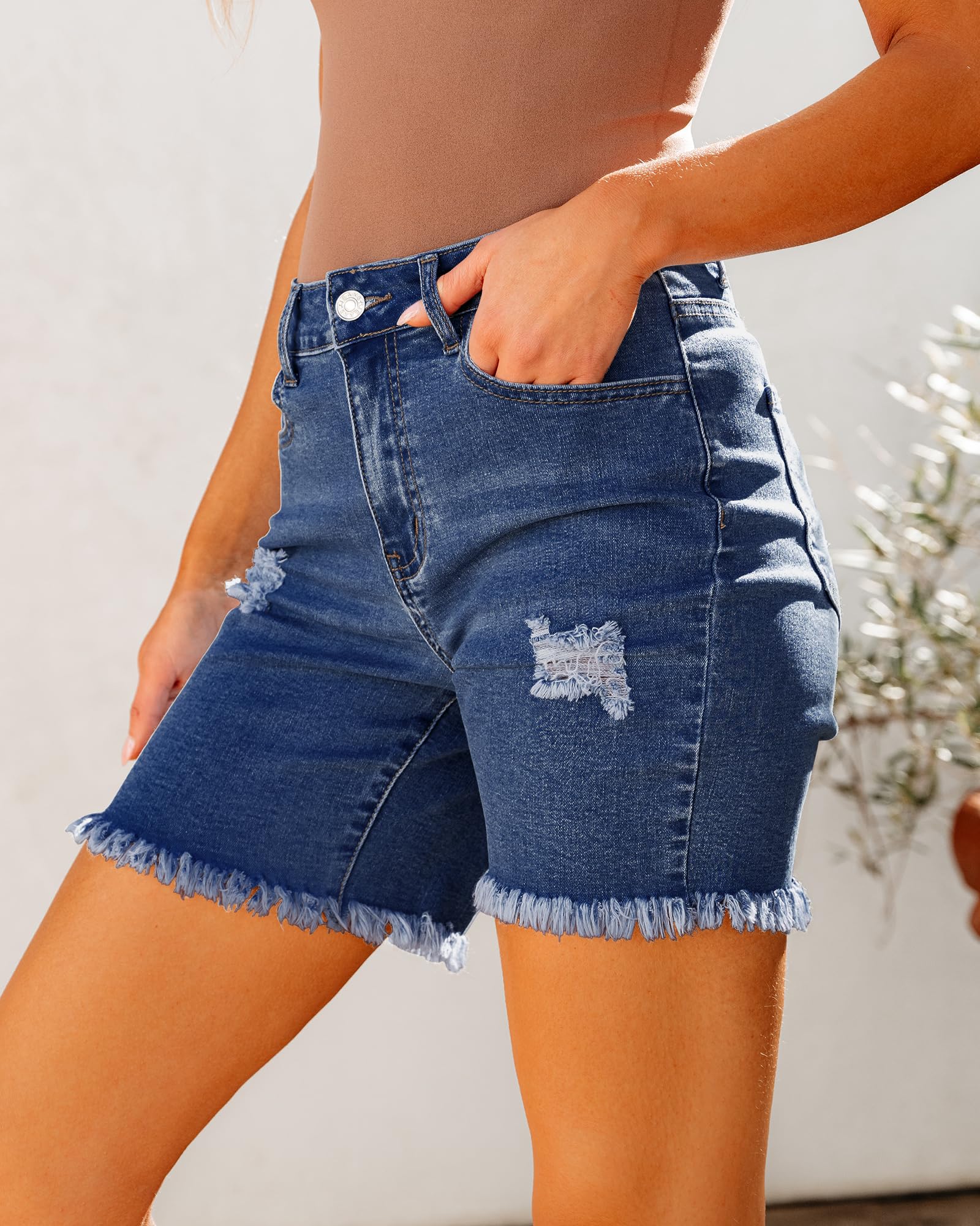Luvamia Women's High Waisted Distressed Denim Shorts - Stretchy Ripped Raw Hem Casual Jean Shorts | Perfect for Summer Outfits, Beach Vacations & Street Style Fashion