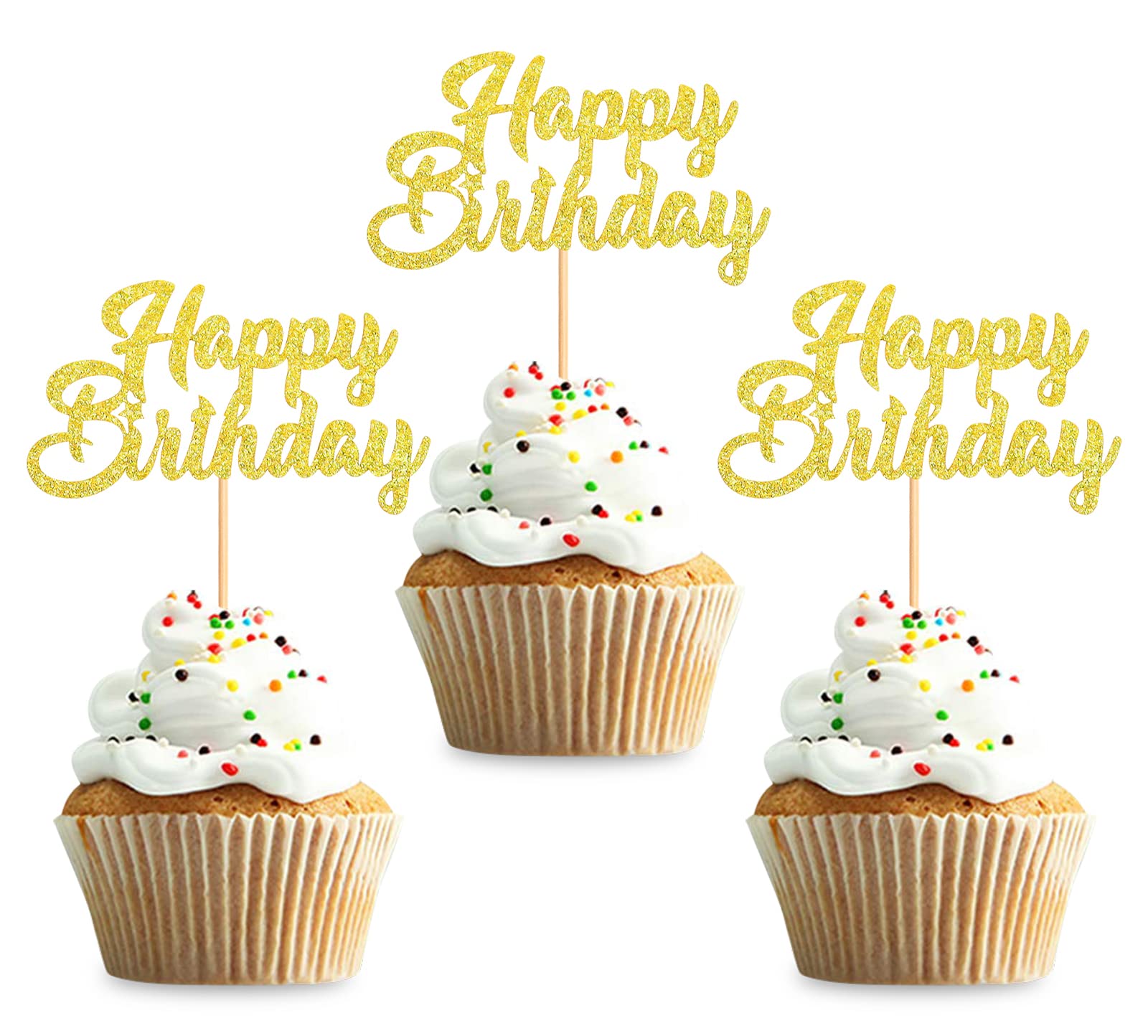 24 Pack Gold Happy Birthday Cupcake Toppers - Decorative Cake Picks for Birthday Party, Anniversary & Celebration Decorations - Perfect for Cupcakes, Cakes & Dessert Displays