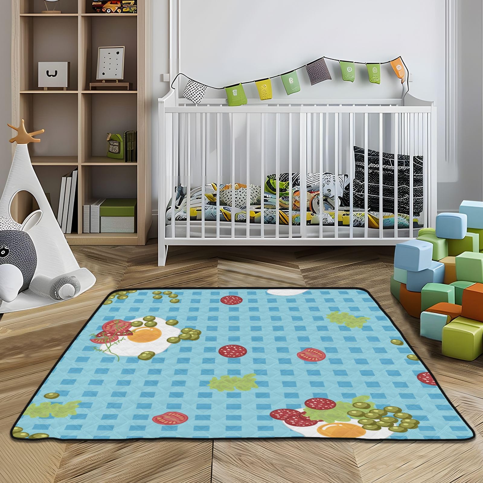Blue Cartoon Egg Design Large Baby Play Mat - 50'' x 50'' Waterproof Non-Slip Crawling Mat for Infants & Toddlers - Perfect for Indoor/Outdoor Use, Nursery Floor, Playtime & Daycare Activities