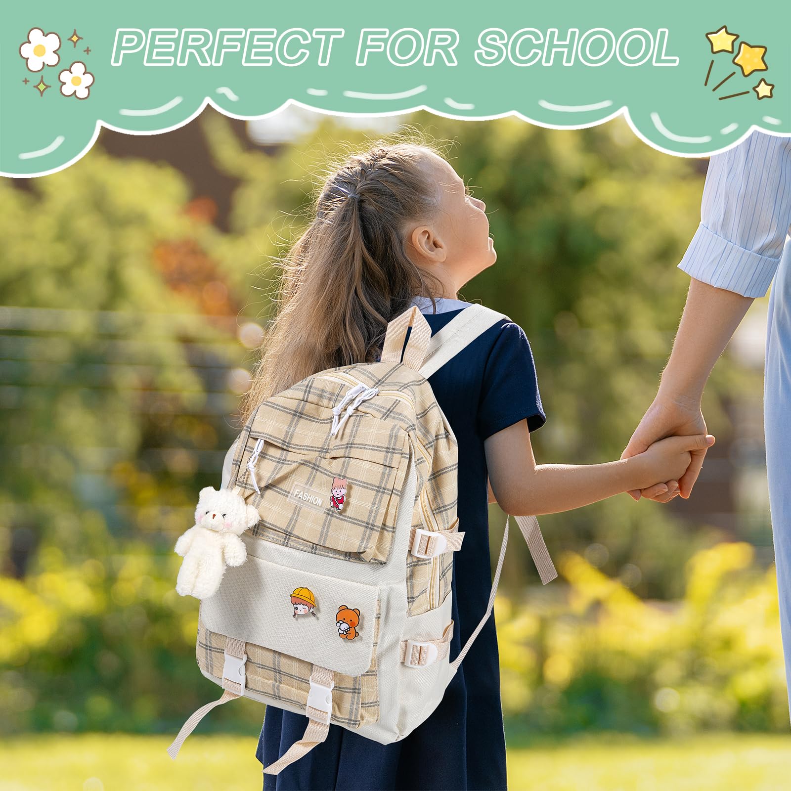 5Pcs Cute Kawaii Bear Canvas Backpack Set with Plaid Check Handle - School Backpack, Shoulder Tote Bag for Girls, Boys - Perfect for School, Travel & Daily Use