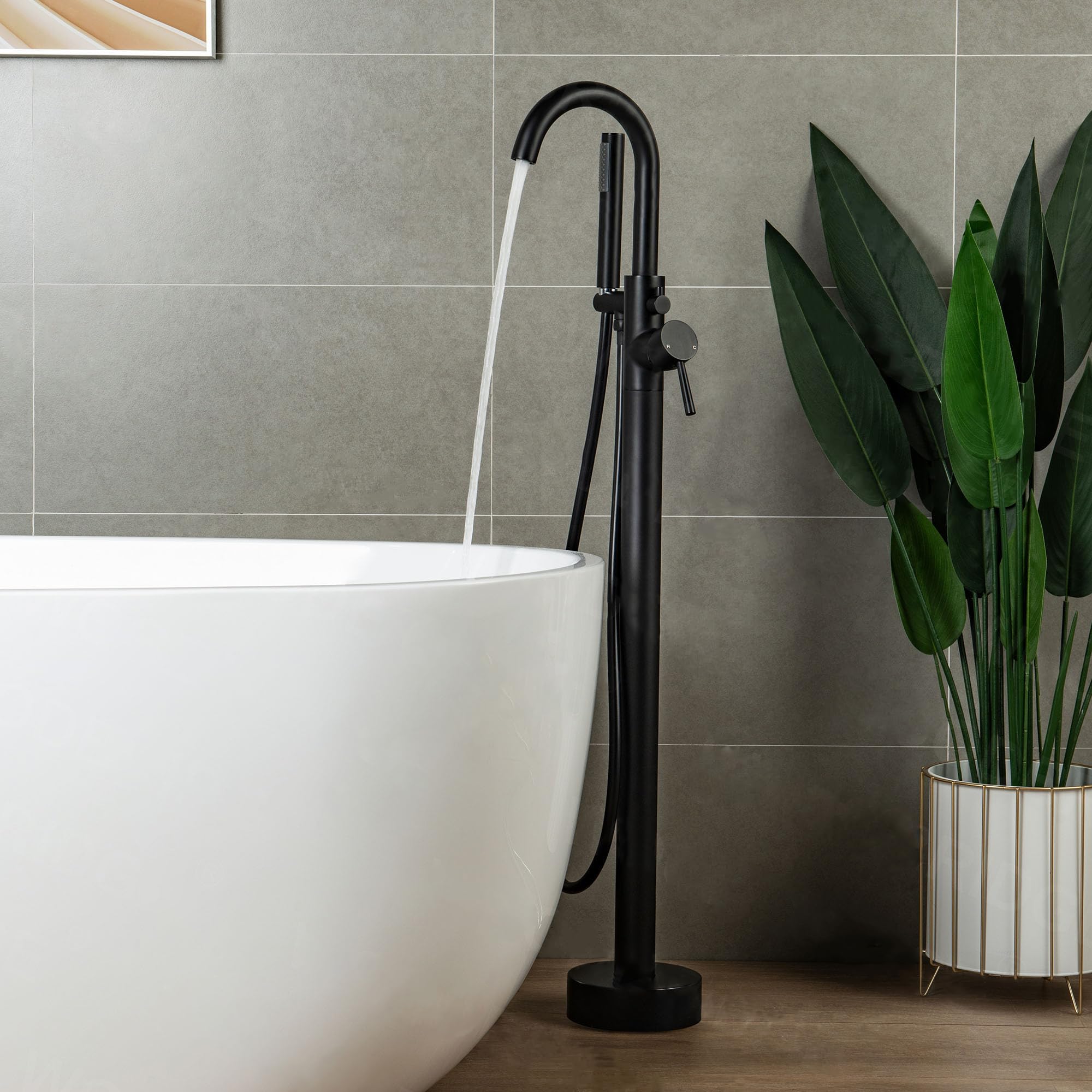 WOODBRIDGE F0006BL Matte Black Freestanding Tub Filler Faucet with Hand Shower - Contemporary Single Handle Floor Mount Bathtub Faucet for Modern Bathroom & Spa Relaxation