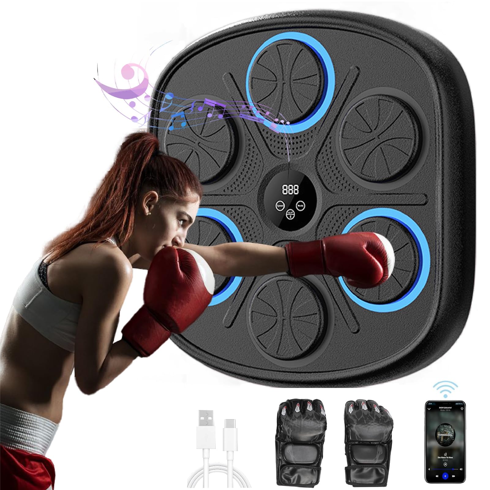 Smart Bluetooth Music Boxing Trainer with Boxing Gloves - Wall Mounted Electronic Punching Target for Home, Gym & Indoor Workouts | Perfect for Fitness Training, Stress Relief & Cardio Exercise