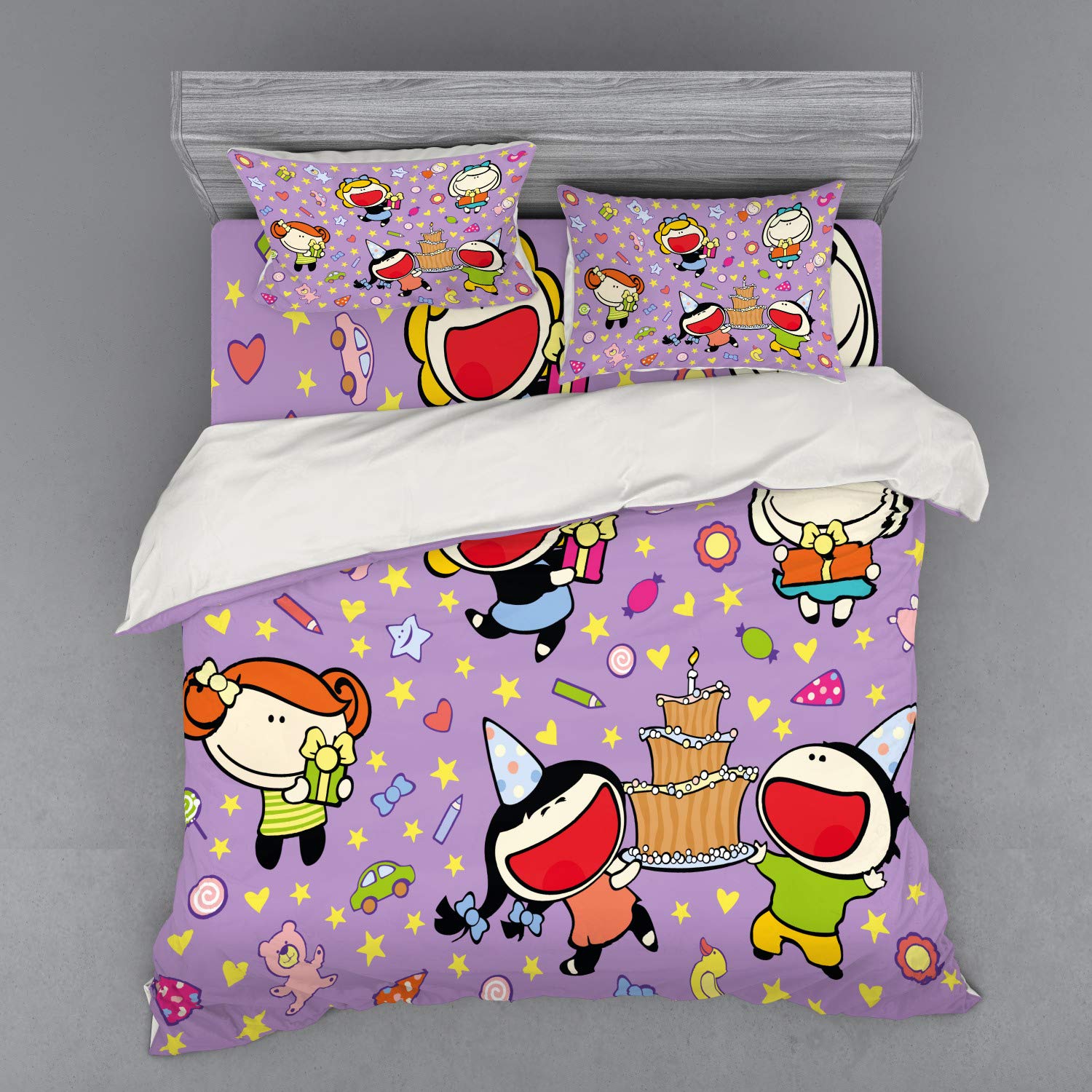Ambesonne Birthday Duvet Cover Set - Happy Cake, Presents, Bears & Stars on Purple Background | 3-Piece King Size Bedding Set with Sham & Fitted Sheet | Perfect for Birthday Parties, Kids' Rooms & Gift Giving