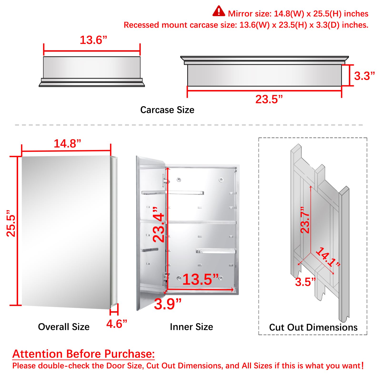 Stainless Steel Bathroom Wall Cabinet with Half Cut Shelves - 14.8 x 25.6 Inch Medicine Storage Cabinet for Bathroom, Living Room & Kitchen Organization - Perfect for Storing Toiletries, Medicines & Small Essentials