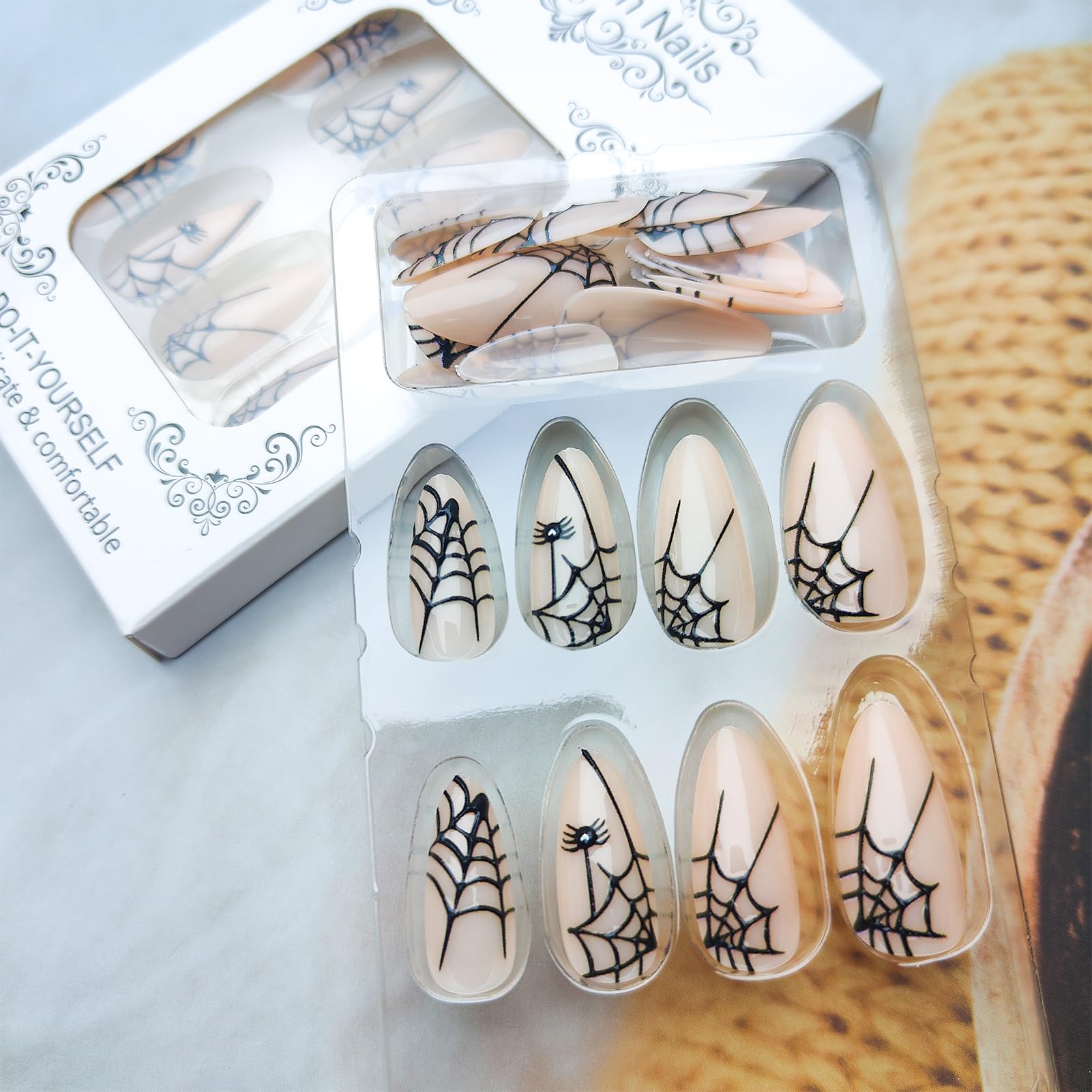 **Spider Design Halloween Press-On Nails - Short Almond Fake Nails with 3D Web French Tips (24Pcs) | Glossy Nude Pink False Nails for Women & Girls | Perfect for Halloween Parties, Cosplay & Spooky Nail Art**