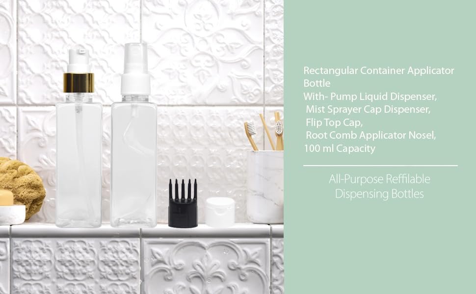 Refillable 100ml Rectangular Bottle Set with Pump Dispenser, Spray Atomizer, Comb Applicator & Flip Top Cap - Durable Containers for Perfume, Liquids, Shampoo (Multicolor) - Perfect for Travel, Salon & DIY Beauty Products