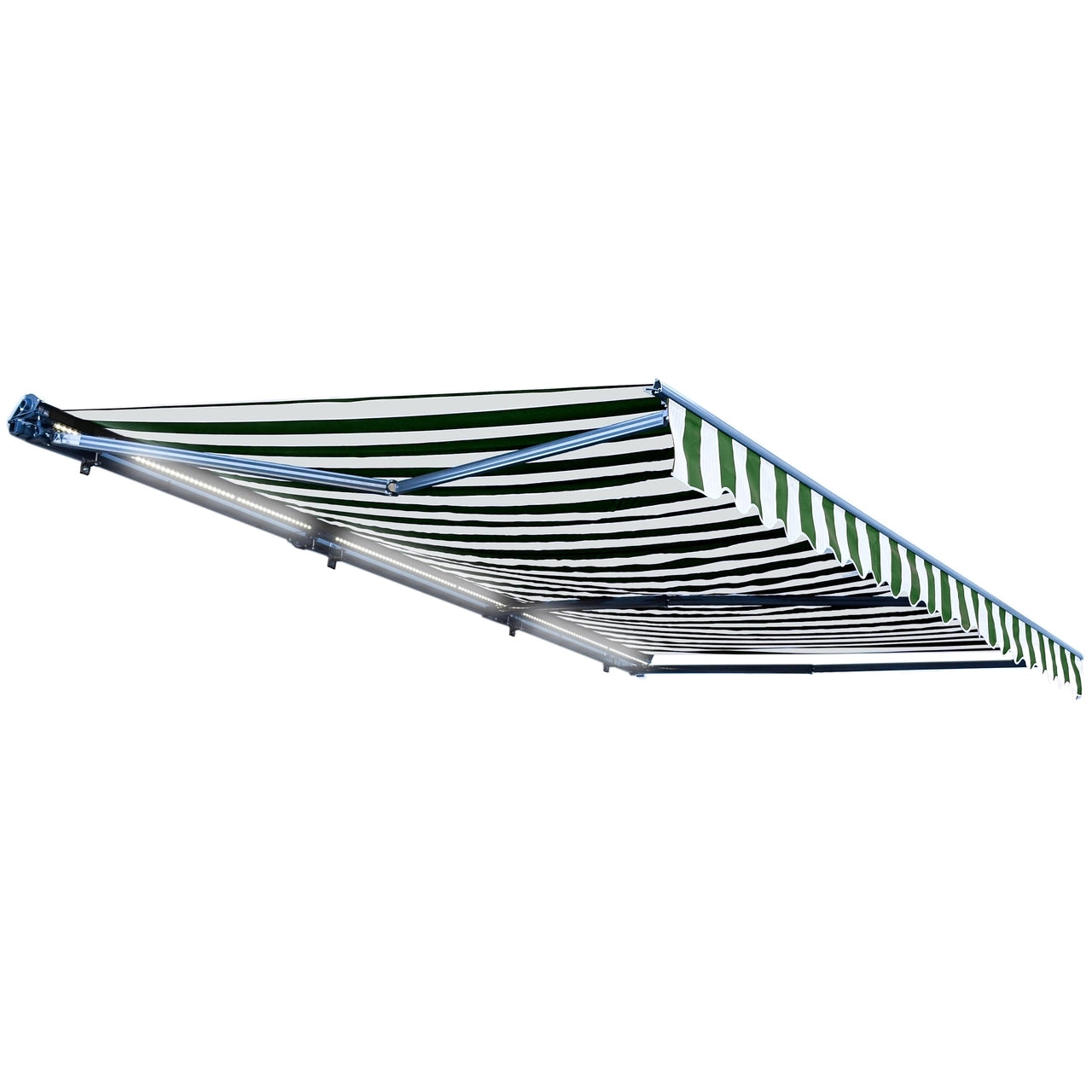 ALEKO 10x8 Feet Half Cassette Motorized Retractable LED Patio Awning - Green & White Stripes Luxury Outdoor Shade for Deck, Garden, and Poolside Relaxation