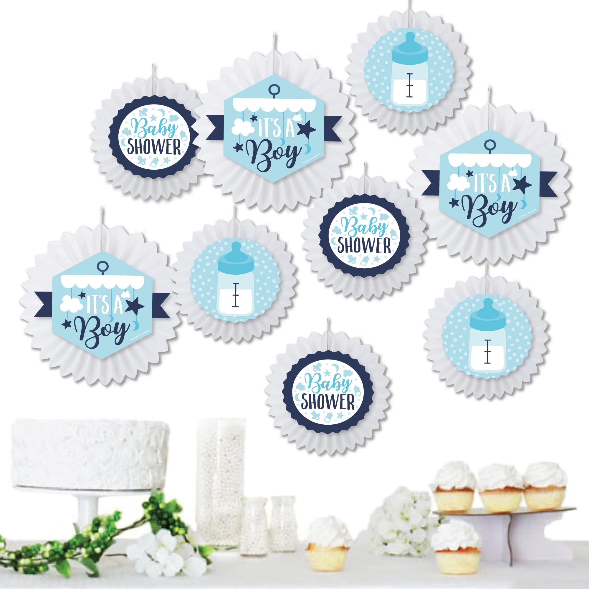 Big Dot of Happiness It’s a Boy - Blue Baby Shower Tissue Paper Decorations Kit with 9 Hanging Fans - Perfect for Nursery, Gender Reveal Party & Newborn Celebration