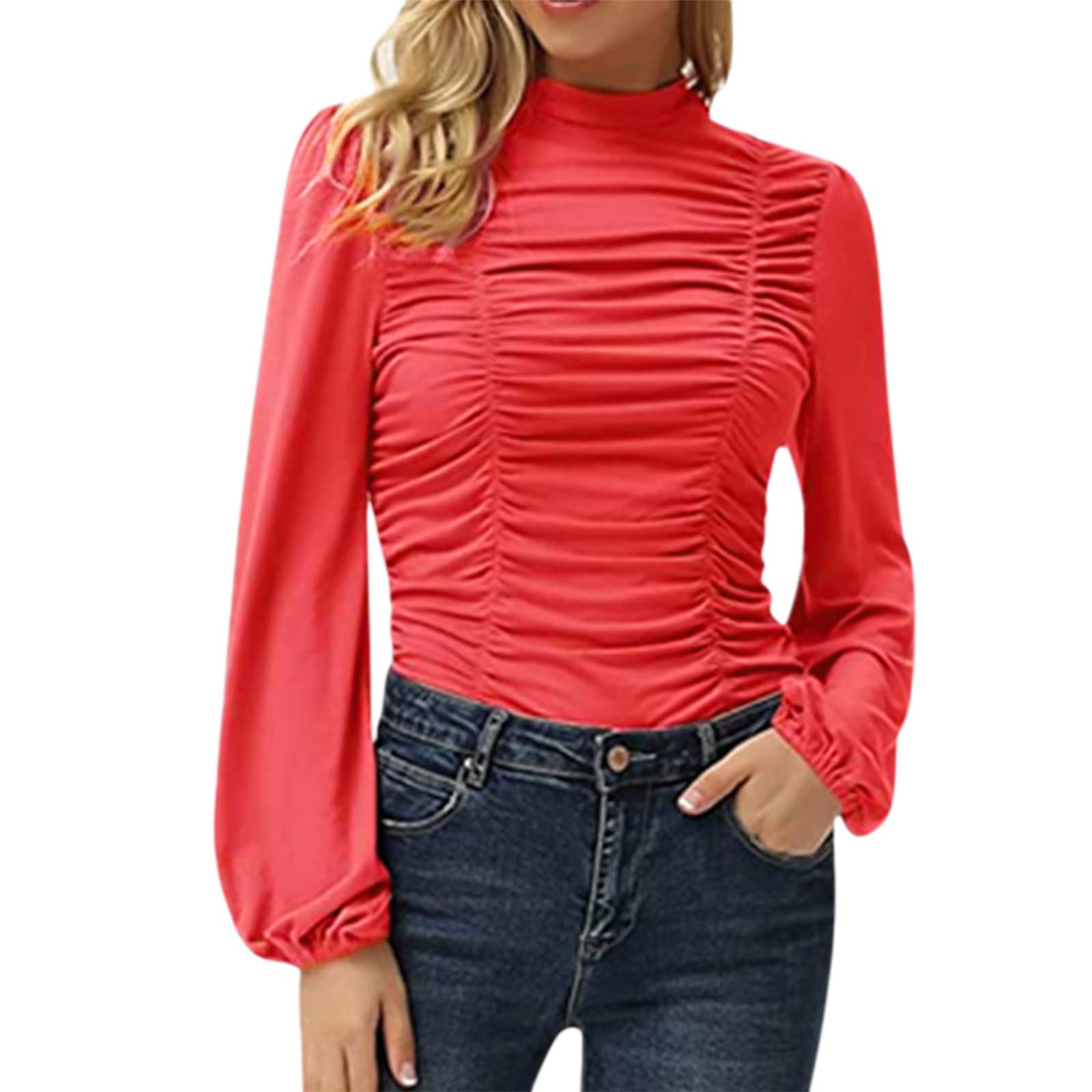 Women's Slim Fit Long Sleeve Turtleneck Top - Elegant Ruched Casual T-Shirt for Women - Solid Color Fashion Blouse for Work, Dating & Everyday Wear