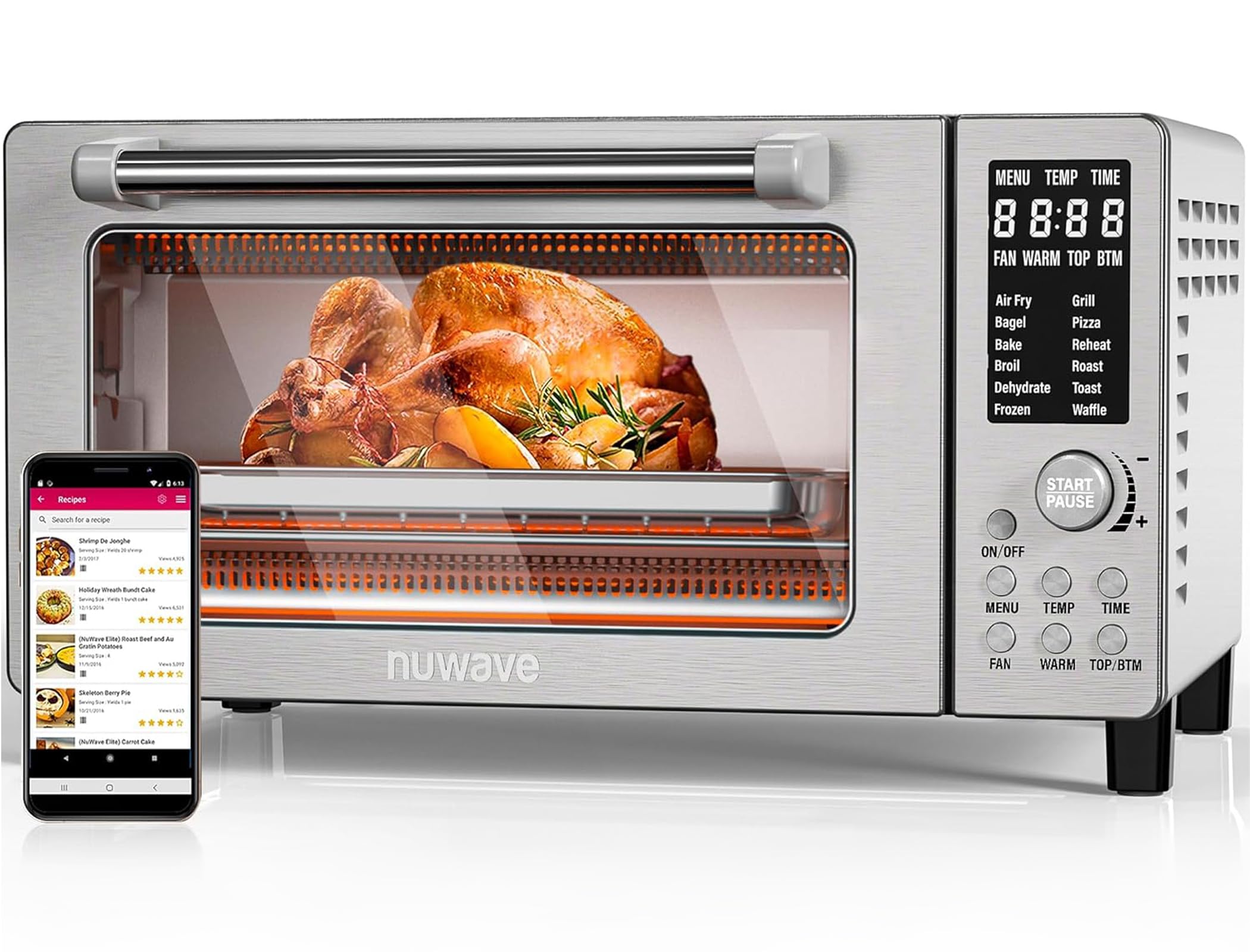 Nuwave Bravo 12-in-1 Air Fryer Toaster Oven with Convection - 1800W, 21QT Large Capacity, 50°-450°F Temperature Control, Adjustable Top & Bottom Heaters, PFAS-Free Stainless Steel - Perfect for Baking, Roasting & Air Frying in Small Kitchens