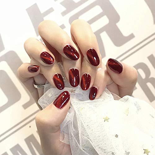 Aimimier 24Pcs Glitter Galaxy Cat Eye False Nails - Full Cover Round Press on Nails with Glue & Stickers, Clip on Fake Nails for Women & Girls (Red) - Perfect for Parties, Weddings & Special Occasions