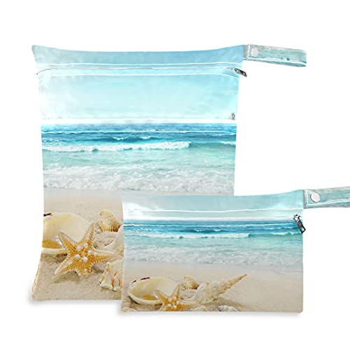 2PCS Waterproof Wet Dry Bags for Swimsuits & Cloth Diapers - Beach Starfish Design with Handle & Wristlet - Perfect for Summer Travel, Pool & Beach Activities