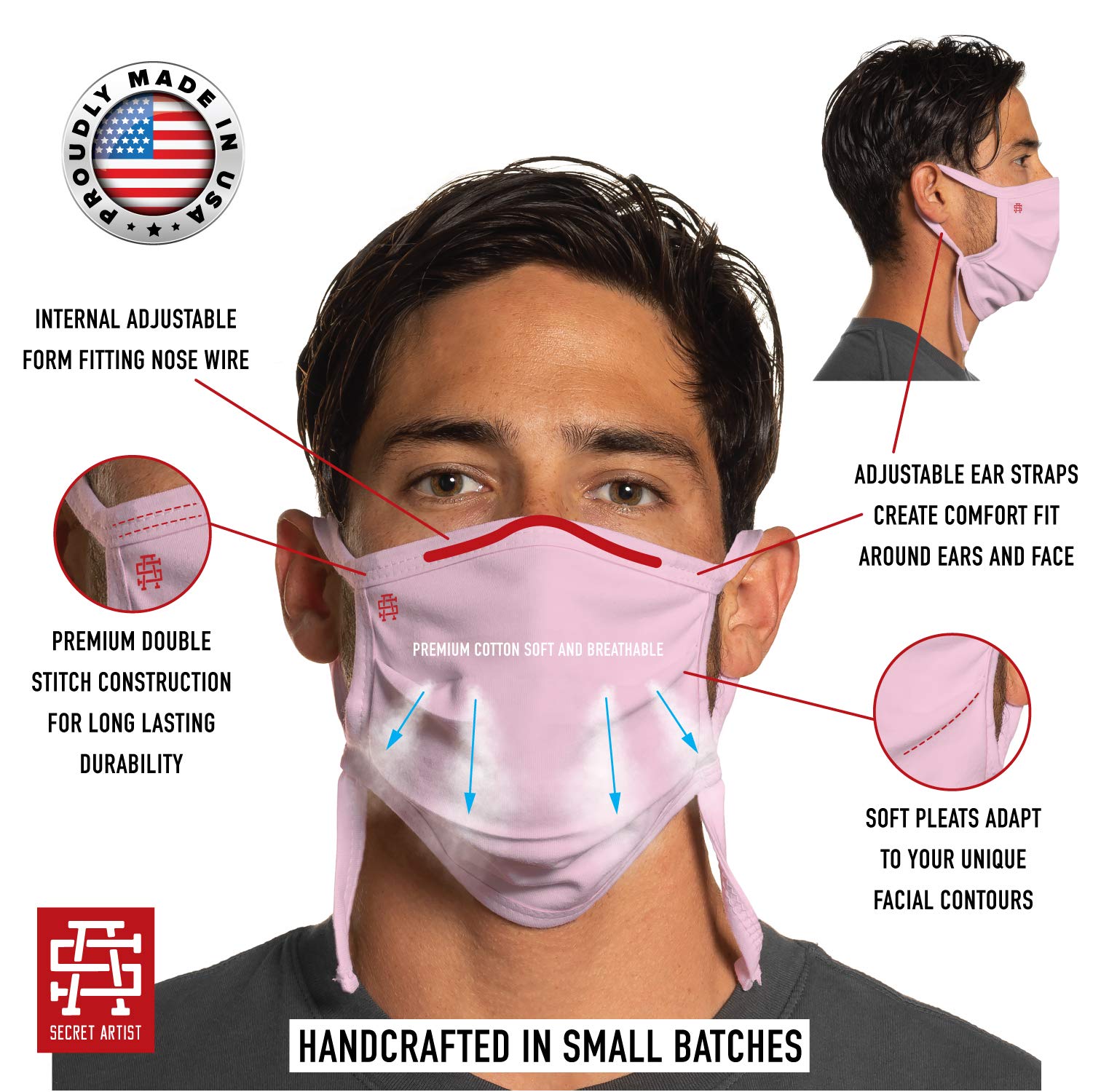 Adjustable Reusable Pink Cloth Face Mask for XLarge - 2XLarge Faces | Soft, Washable & Reversible | Made in USA | Perfect for Travel, Work & Daily Protection