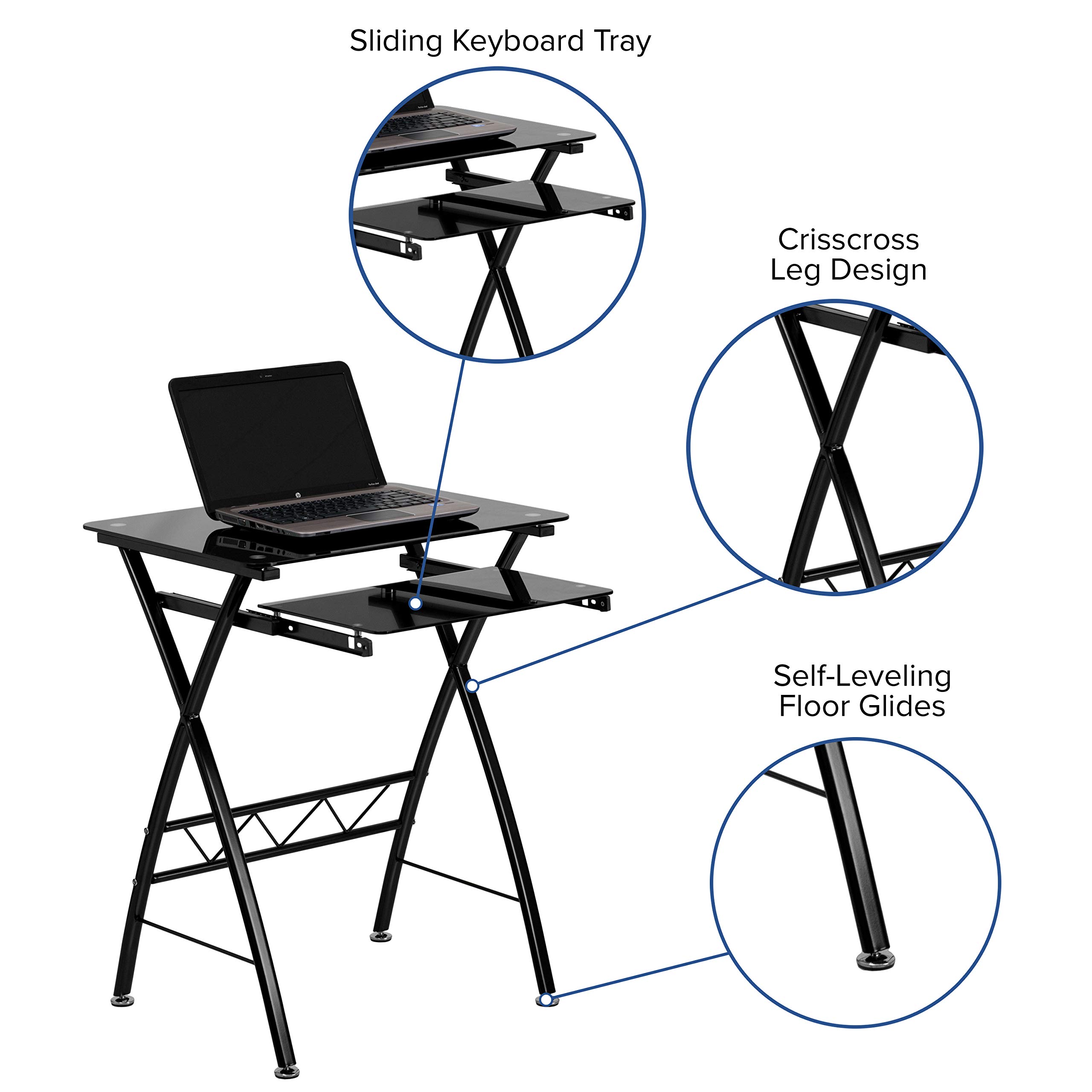 Flash Furniture Norris Black Tempered Glass Computer Desk with Pull-Out Keyboard Tray - Modern Home Office Desk for Work, Study & Gaming - Durable Glass Writing Table for Small Spaces & Apartments