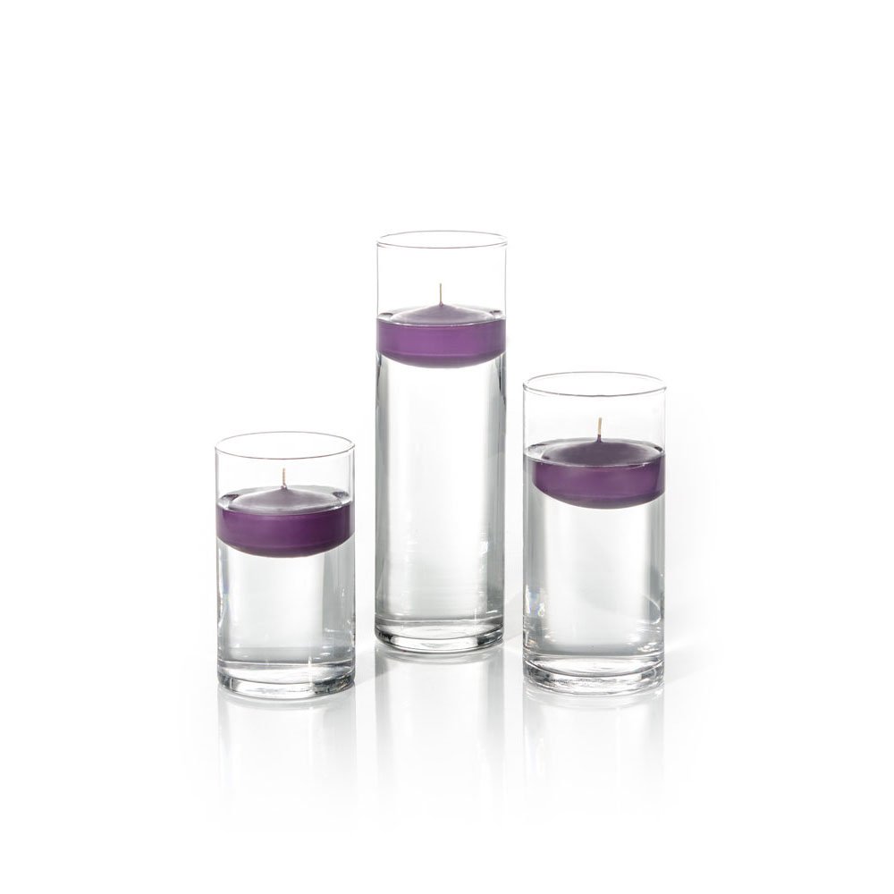 Yummi Set of 18 Floating Candles and Cylinder Vases - Dark Purple Wedding Centerpieces for Romantic Dinner, Spa, Bathtub & Home Decor