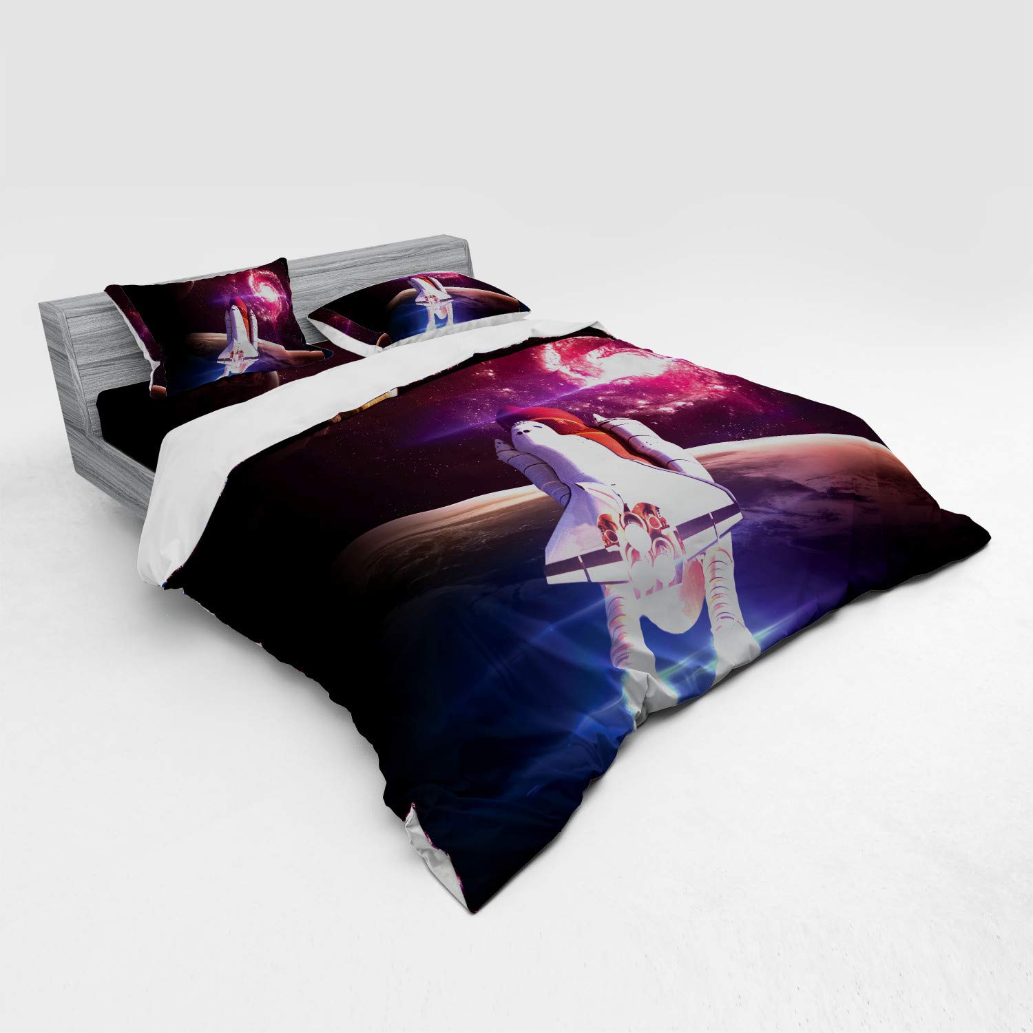 Ambesonne Galaxy Bedding Set King Size - 4 Piece Duvet Cover with Shams & Fitted Sheet - Spaceship Milky Way Galactic Design in Magenta & White - Perfect for Sci-Fi Lovers & Space Themed Bedrooms