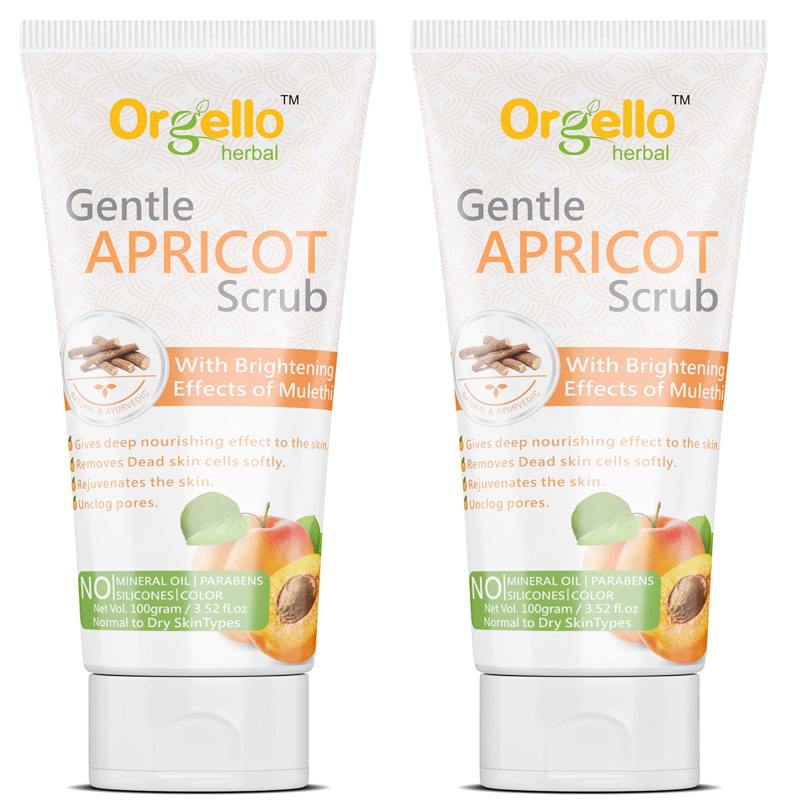 Orgello Herbal Exfoliating & Whitening Apricot Face Scrub (2 x 100g) - Natural Skincare for Normal, Oily & Dry Skin - Enriched with Licorice, Turmeric & Neem Oil - SLS & Paraben Free - Gentle Exfoliation for Brighter, Smoother Skin - Perfect for Daily Facial Cleansing & Glow Boosting