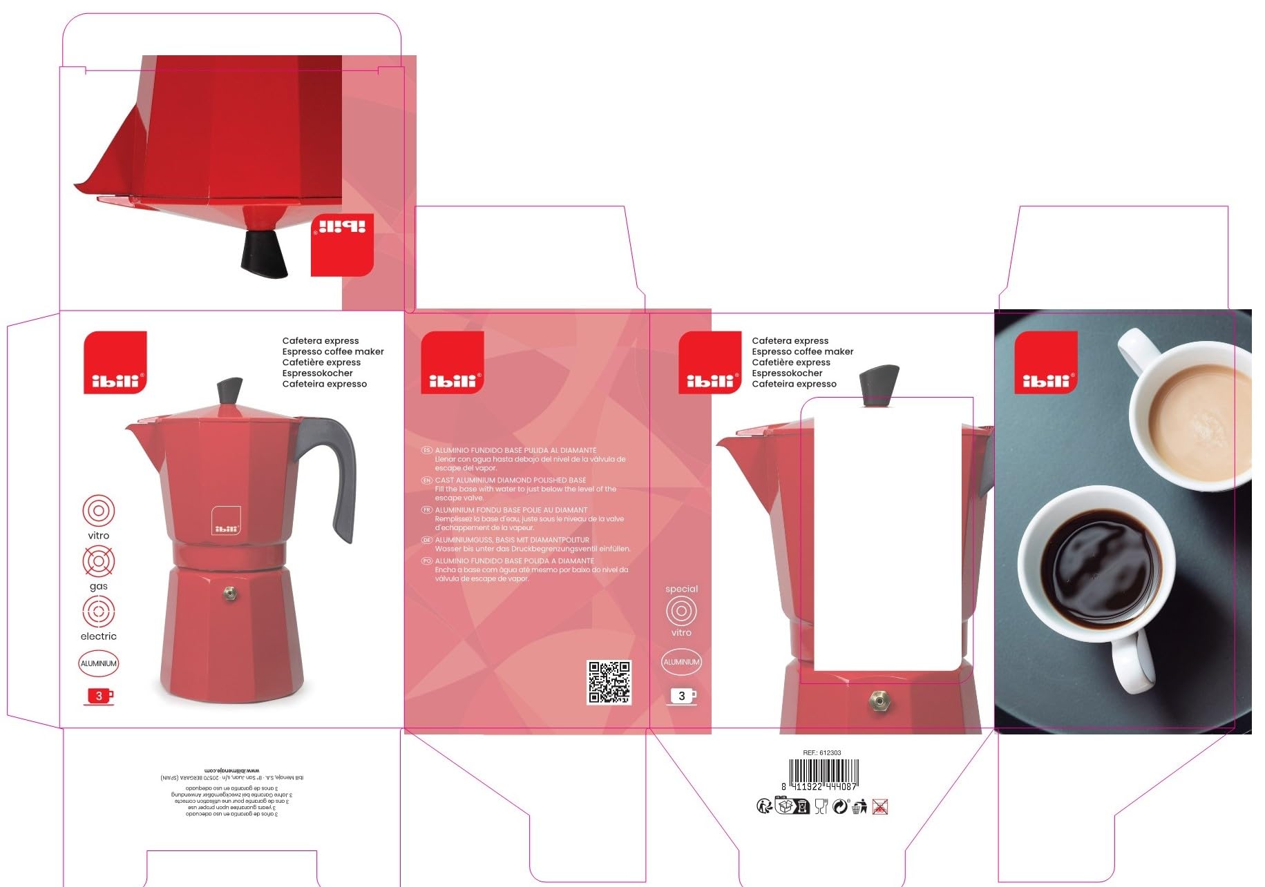 IBILI Bahia Express Moka Pot 3 Cup (150ml) - Aluminum Stovetop Espresso Maker for Home & Travel, Red - Perfect for Camping, Office & Small Kitchens