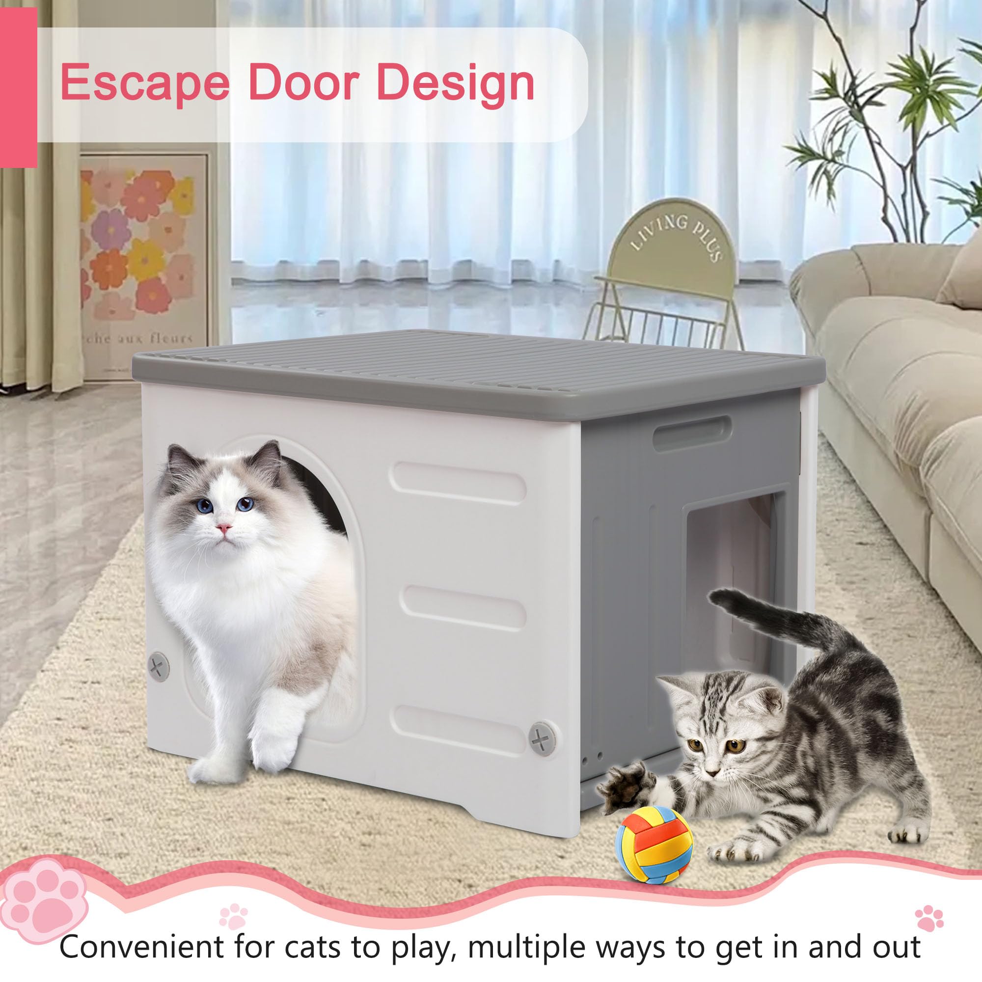 Rockever Waterproof Outdoor Cat House with Escape Door & Bed Mat - Sturdy Indoor/Outdoor Shelter for Feral Cats, Easy Assembly (Grey) - Perfect for Backyard, Garden & Winter Protection