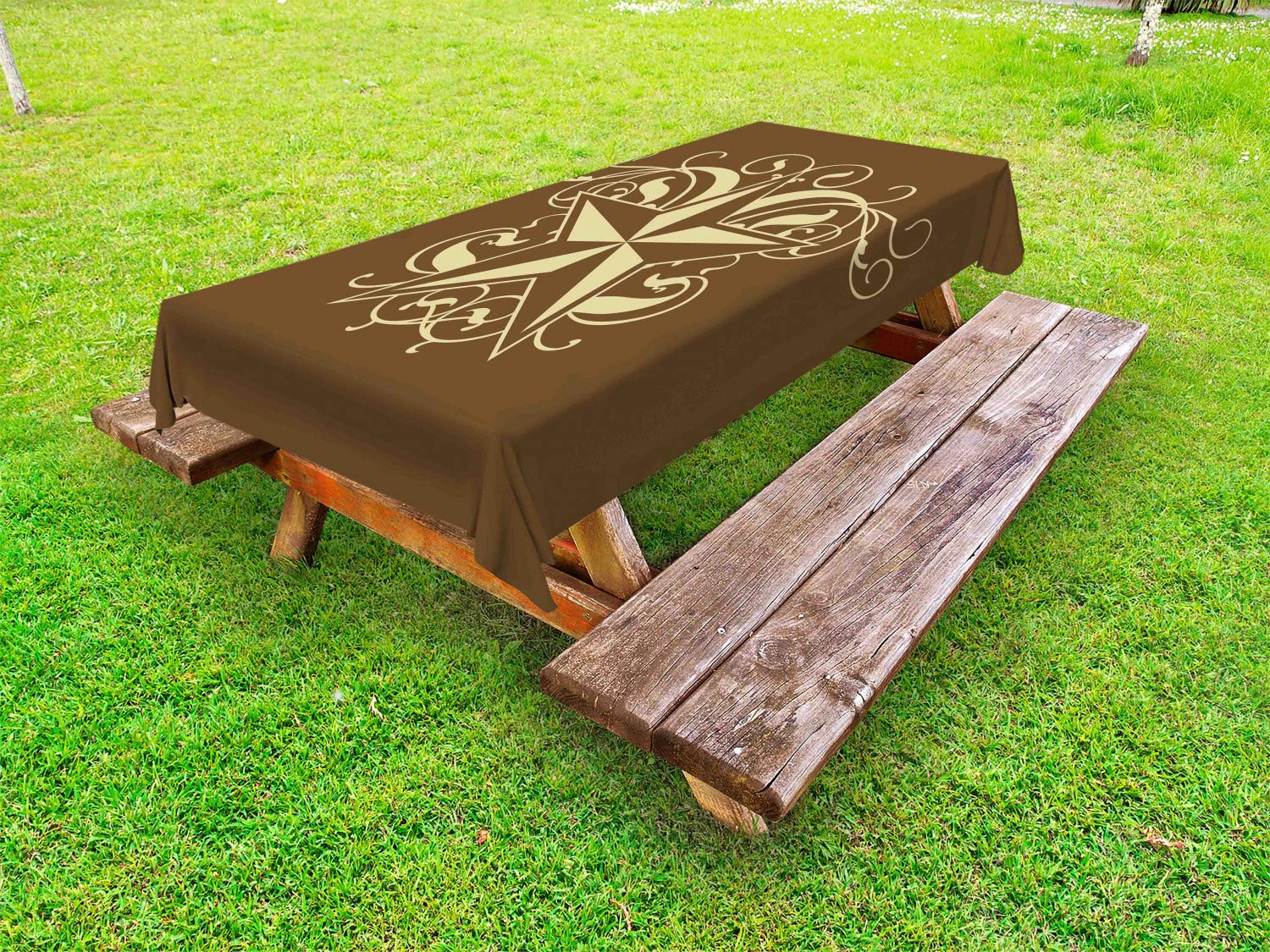 Ambesonne Prehistoric Country Outdoor Tablecloth - Baroque Style Star Floral Victorian Art, Washable Picnic Table Cover 58x104 Inches, Brown & Pale Yellow - Perfect for Garden Parties, BBQ, Camping and Outdoor Dining
