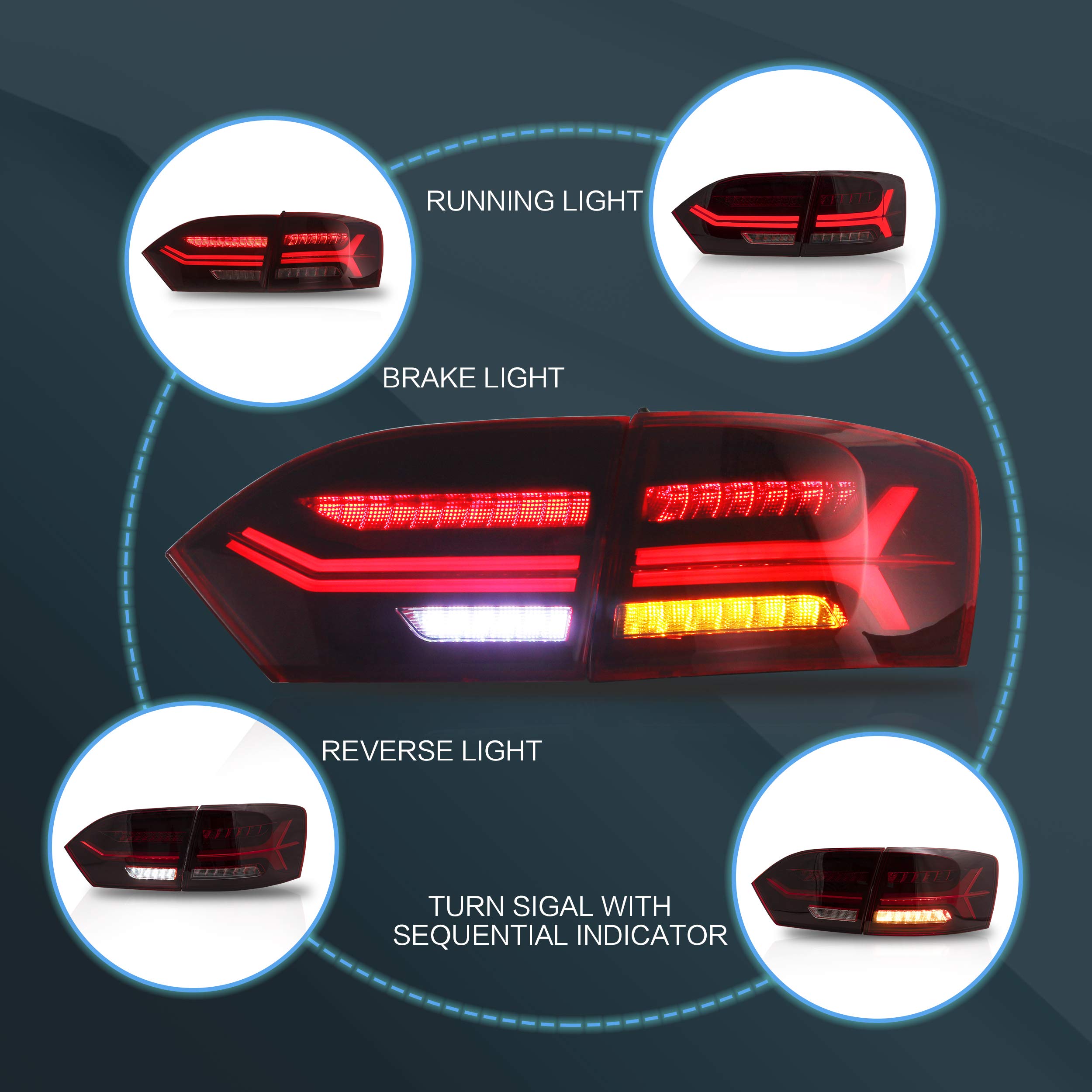 VLAND LED Tail Lights for 2011-2014 Volkswagen Jetta 6th Generation - Plug & Play Direct Replacement - Red & White Lens - Not Compatible with LED Models | Upgrade Your Jetta's Style & Night Visibility