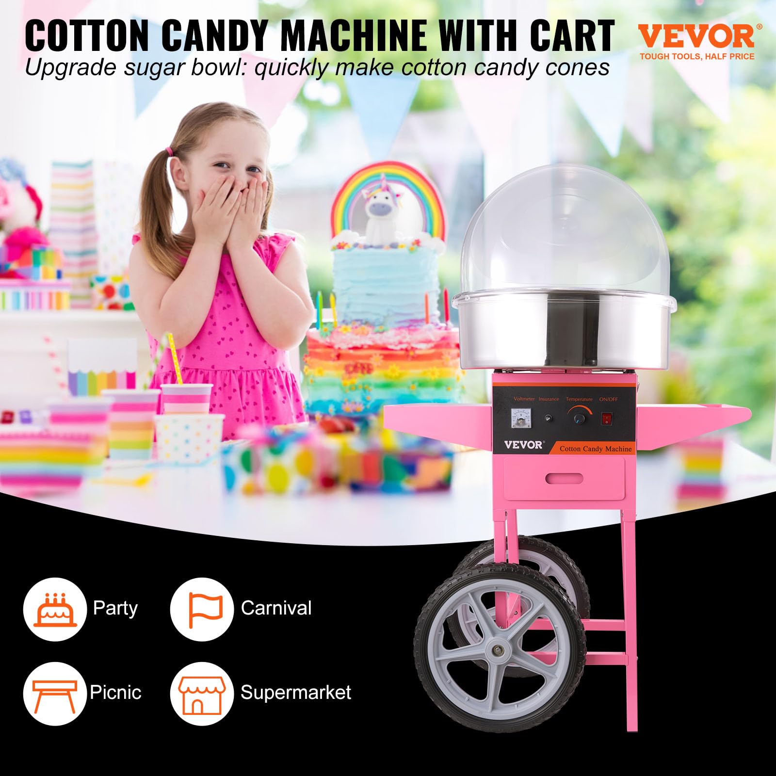 VEVOR Commercial Electric Cotton Candy Machine Cart with Cover & Stainless Steel Bowl - Includes Sugar Scoop & Storage Drawer - Perfect for Home Use, Carnivals, Kids Birthday Parties, Family Gatherings & Events - Pink Floss Maker for Sweet Treats & Fun Desserts