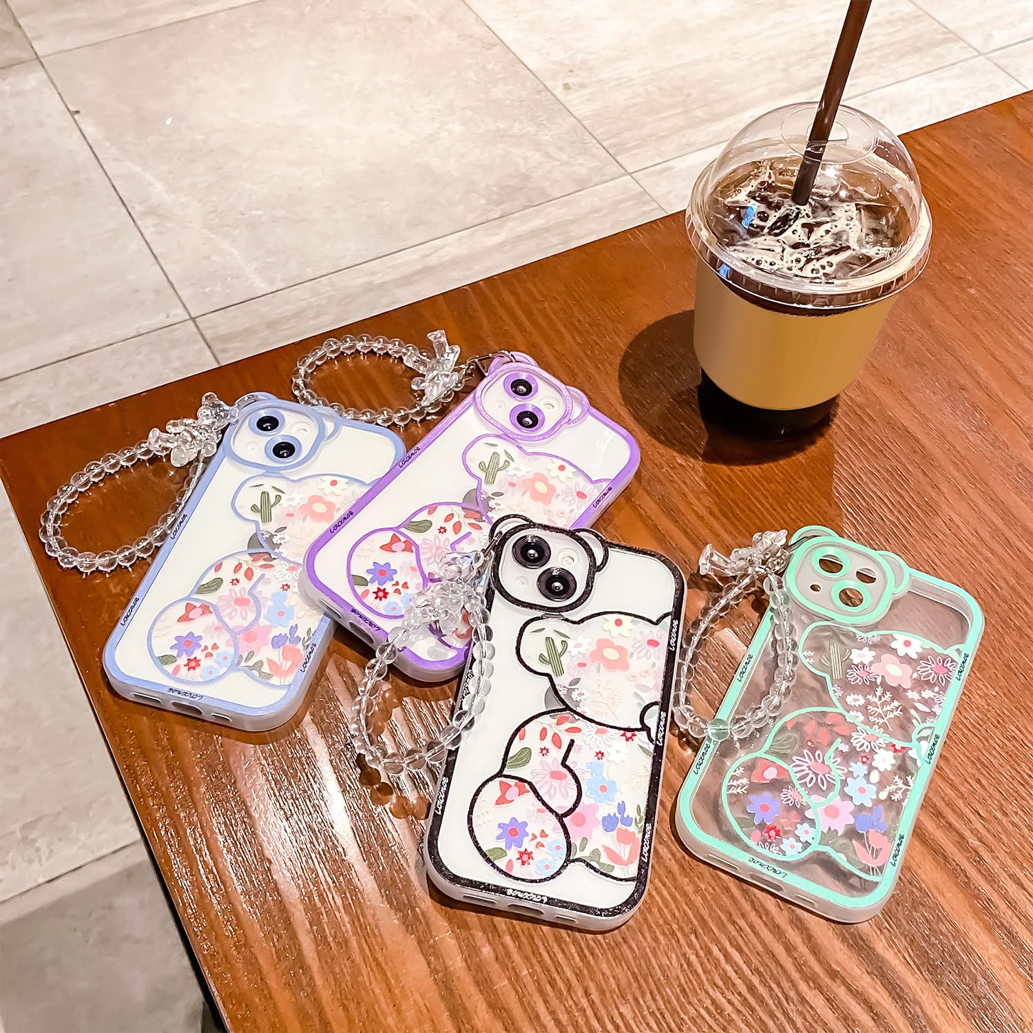 Ownest iPhone 13 Case - Cute Floral Bear Pattern with Chain, Slim Soft Flexible TPU Rubber Protective Cover for Women & Girls (Black) | Perfect for Everyday Use, Fashion Accessory & Gift Idea