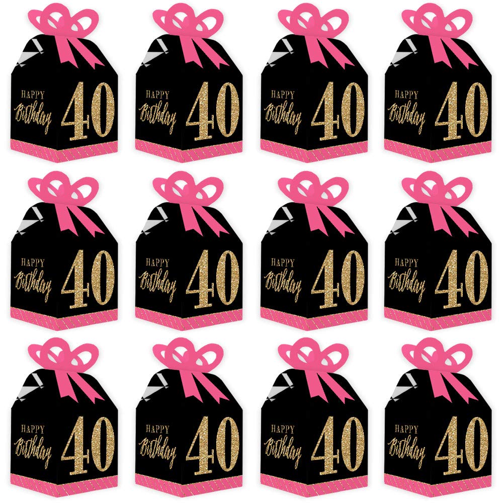 Chic 40th Birthday Gift Boxes - Pink, Black & Gold Set of 12 for Party Favors