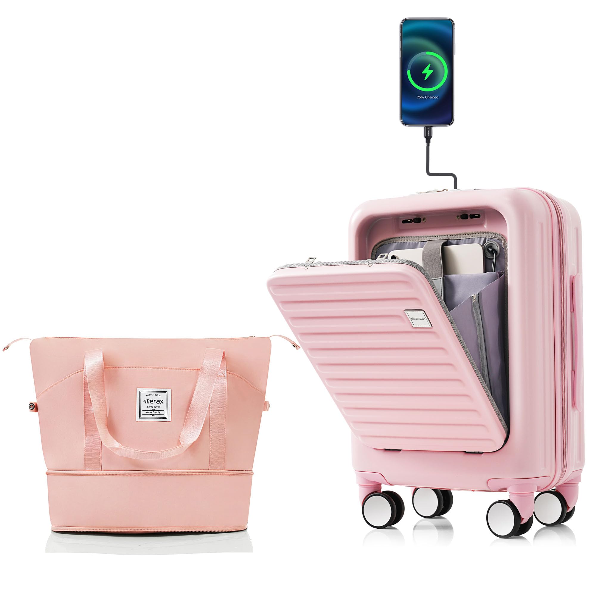 Merax 2-Piece Lightweight Spinner Luggage Set with Built-in USB Port, Cup Holder & TSA Lock - Includes Cosmetic Carry On Bag (Baby Pink) - Perfect for Air Travel, Business Trips & Vacation Getaways