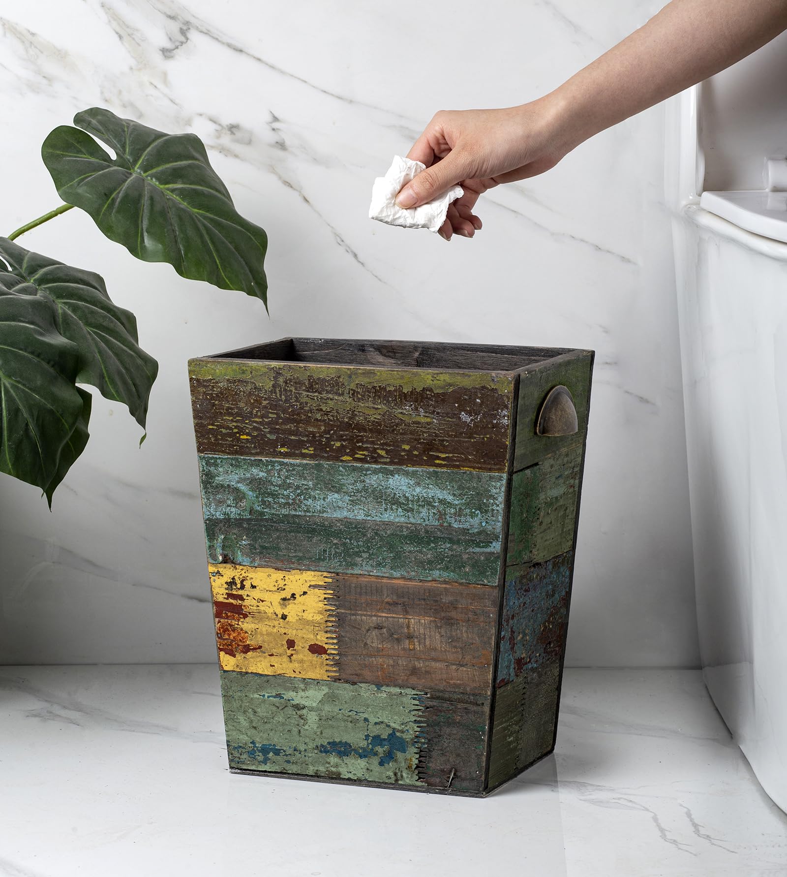 TIMRIS Small Wood Trash Can - Farmhouse Rectangular Waste Basket with Metal Handles, Rustic Distressed Boho Wooden Recycling Bin for Kitchen, Bathroom, Office & Living Room - Reclaimed Wood Storage Basket (Random)