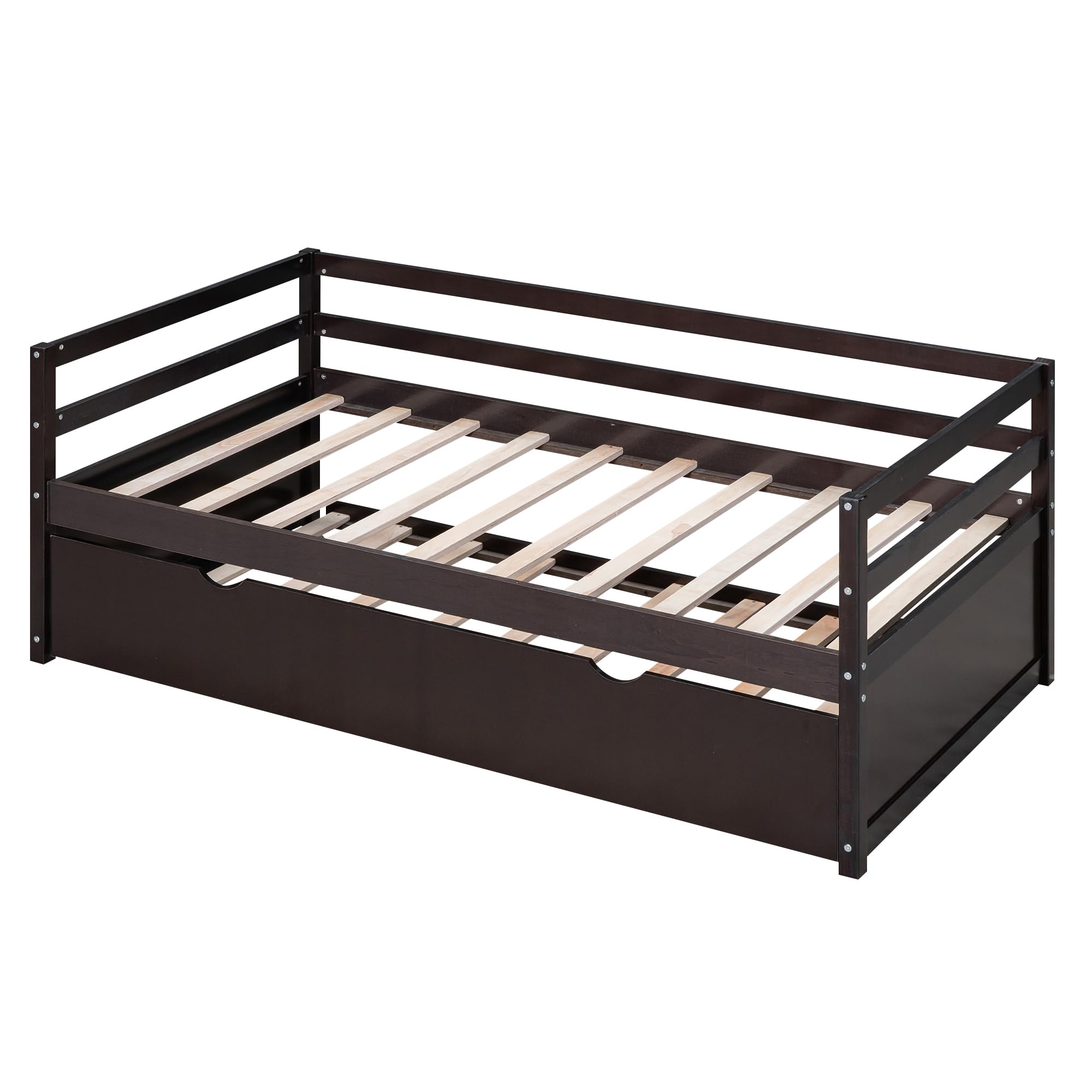 Merax Twin Size Solid Wood Daybed with Trundle - Espresso Captains Bed & Sofa Bed Frame for Guest Room, Dorm, or Small Space Living