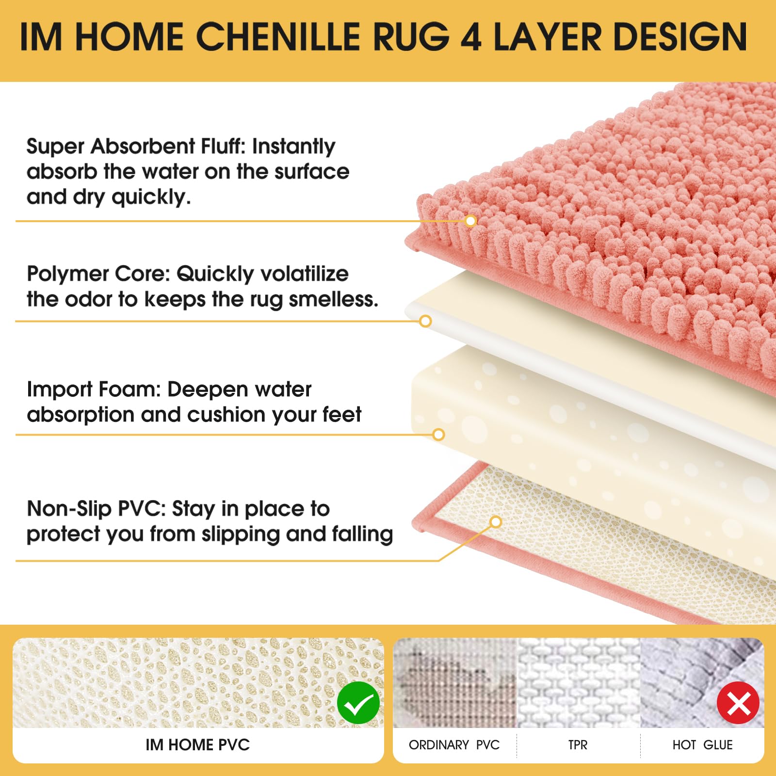ACCUMTEK Extra Large 3-Piece Coral Bathroom Rug Set - Ultra Soft, Thick Absorbent Non-Slip Chenille Bath Mats for Bathroom, Bedroom & Kitchen - Perfect for Spa-Like Comfort and Home Decor