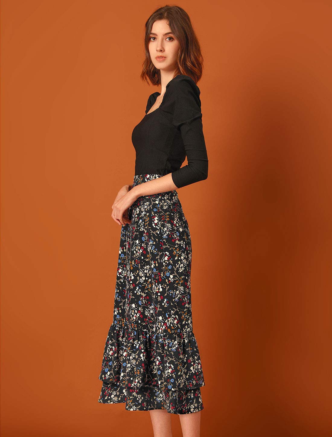 Allegra K Women's Printed Chiffon Midi Skirt - Elastic Waist, Ruffle Tiered Design, Trendy Spring Summer Flowy Skirt for Casual Outings, Beach Vacations & Date Nights