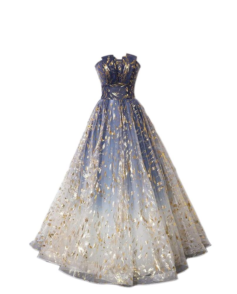 FLwuhui Women's Strapless Tulle Long Prom Dress A Line Beaded Formal Evening Gown for Homecoming, Wedding, Ball & Special Occasions