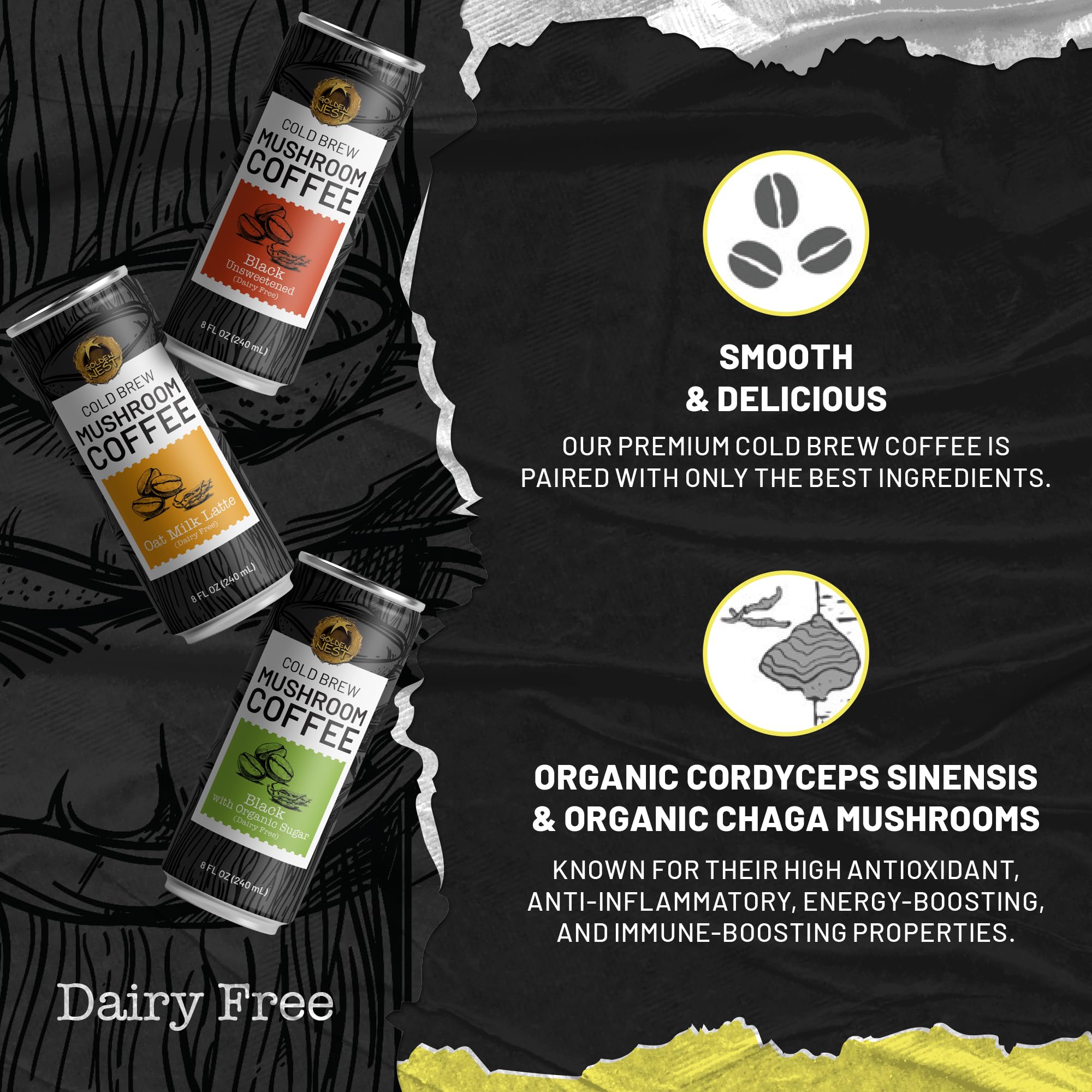 Organic Golden Nest Cold Brew Mushroom Coffee with Chaga & Cordyceps | Ready-to-Drink Dairy-Free Mushroom Coffee | All Natural, No Preservatives | 8 Fl Oz Cans (Variety Pack of 6) | Perfect for Energy Boost, Focus & Wellness at Home, Office or Travel