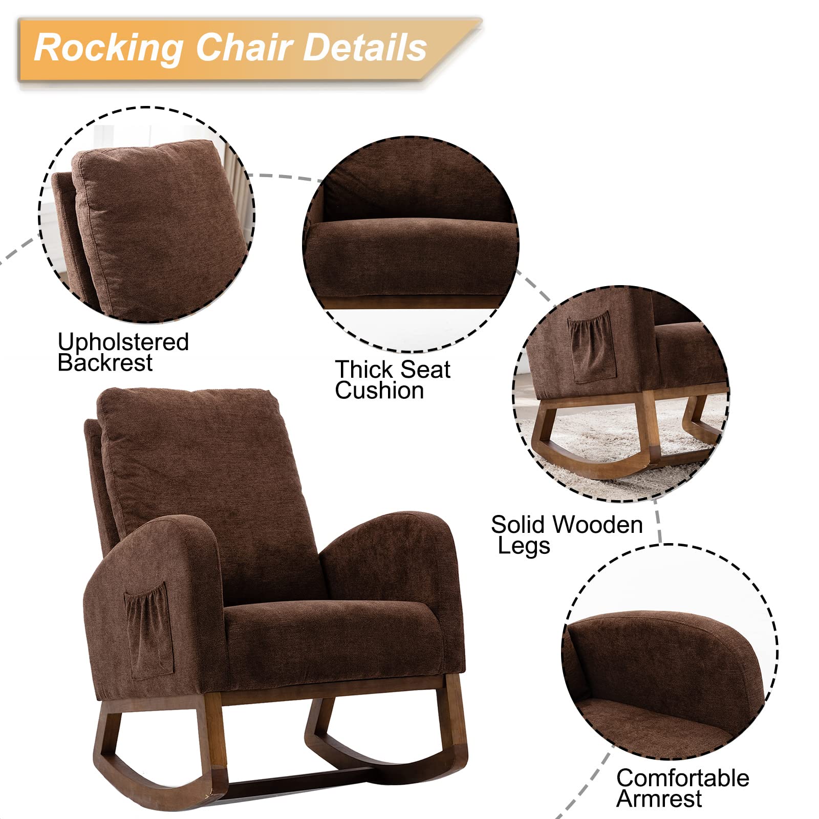 SSLine Upholstered Rocking Chair - Modern Fabric Rocking Armchair for Nursery, Living Room, Bedroom & Office | Comfortable Lounge Chair for Relaxing, Reading & Nursing (Coffee Brown)
