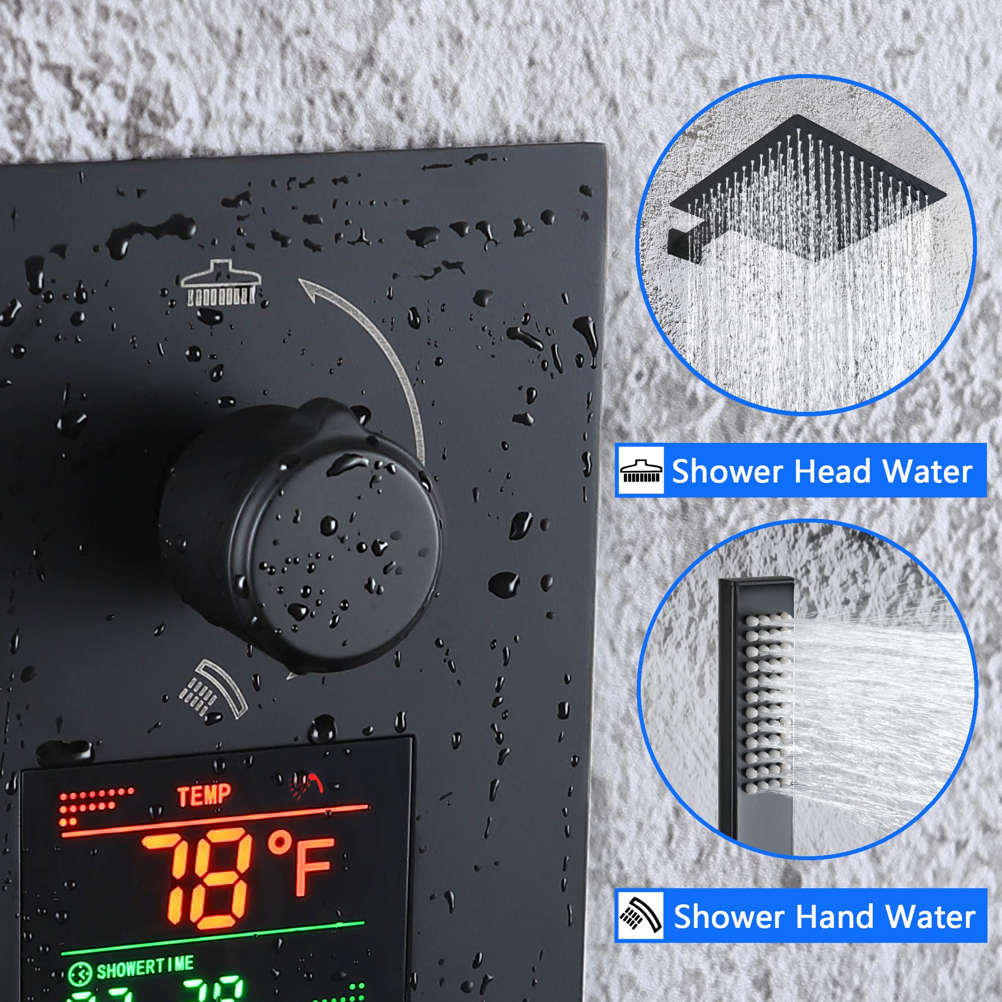 SKWOLL Matte Black Shower Faucet Set - 12 Inch Wall Mount Rain Shower Head with LCD Display & 2 Function Valve Kit | Digital Shower System for Modern Bathroom & Spa Experience