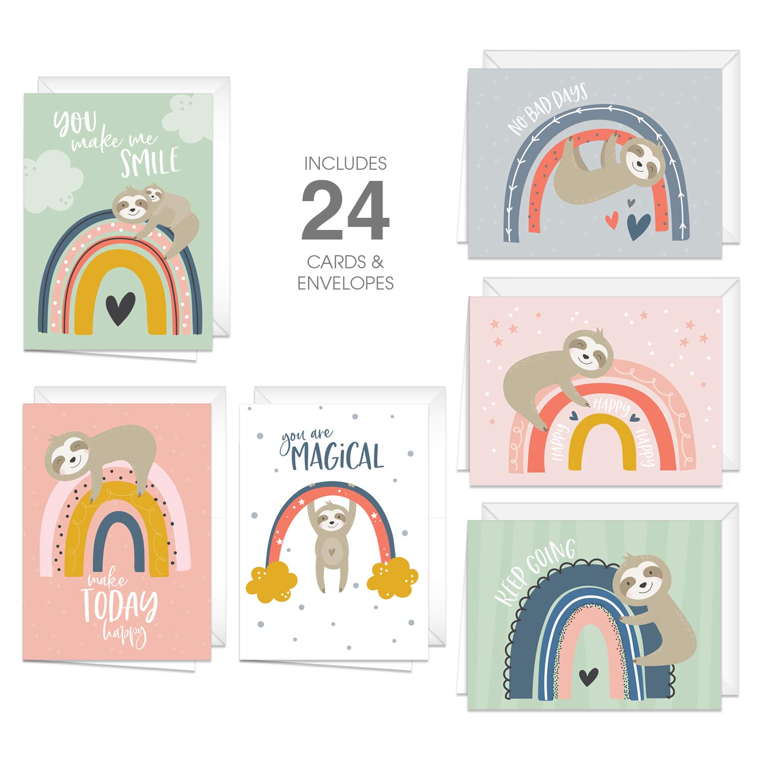 24-Pack Happy Rainbow Sloth Encouragement Greeting Cards with Envelopes - 6 Cute Animal Designs for Baby Shower, Birthday & All Occasions - 3.5