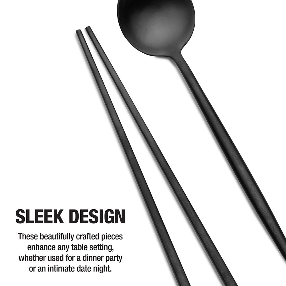 Premium Black Chopsticks and Spoon Set - Elegant Dining Utensils for Sushi, Asian Cuisine & Home Kitchen Use