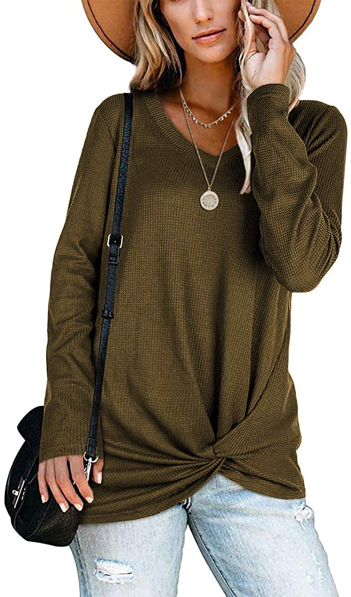 GIBLY Women's Long Sleeve V-Neck Waffle Knit Tunic Top with Twist Knot - Casual Blouse for Work, Date Night & Fall Outfits