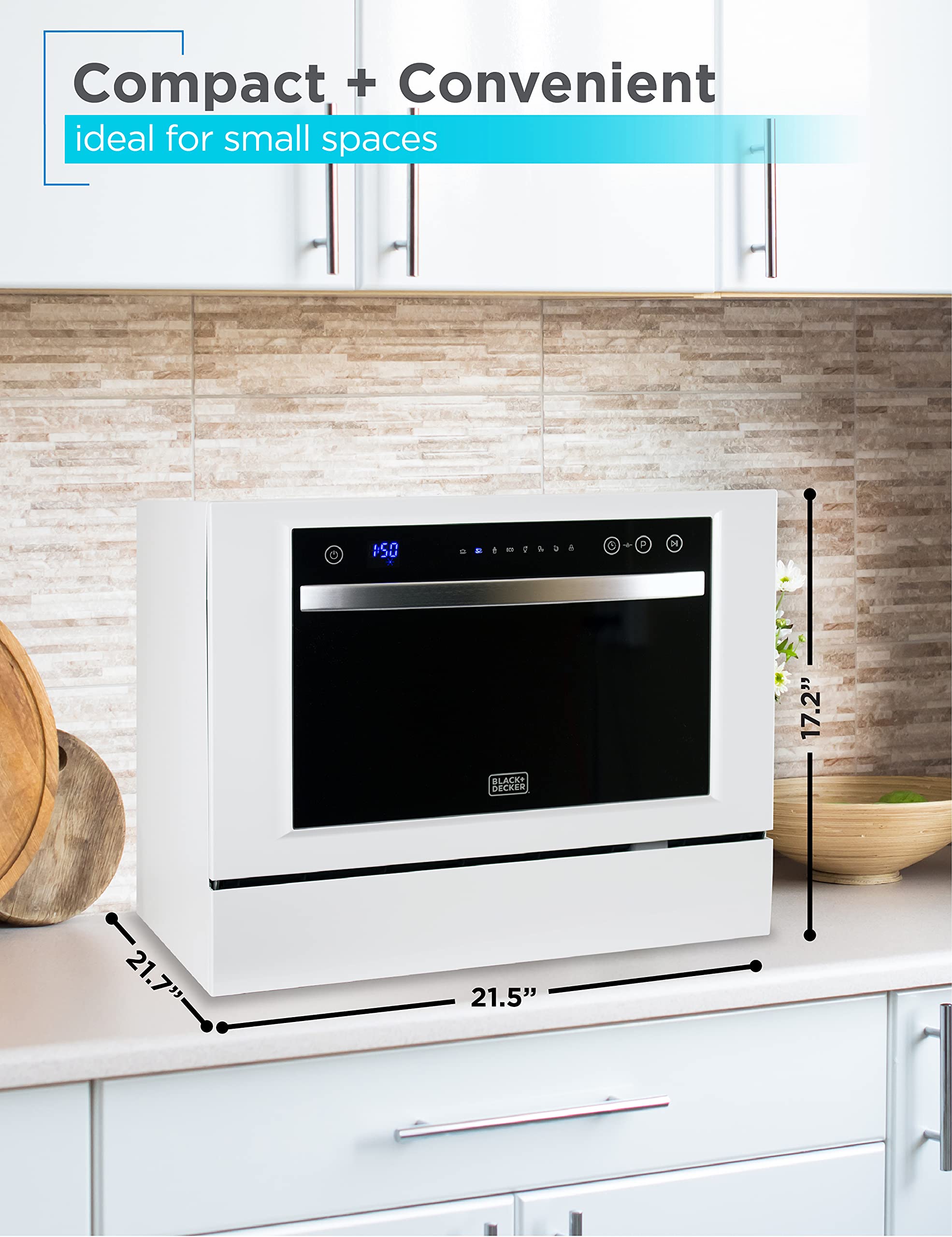 BLACK+DECKER BCD6W 6 Place Setting ENERGY STAR Certified Portable Compact Countertop Dishwasher - Perfect for Small Apartments, RVs, Dorms & Kitchenettes