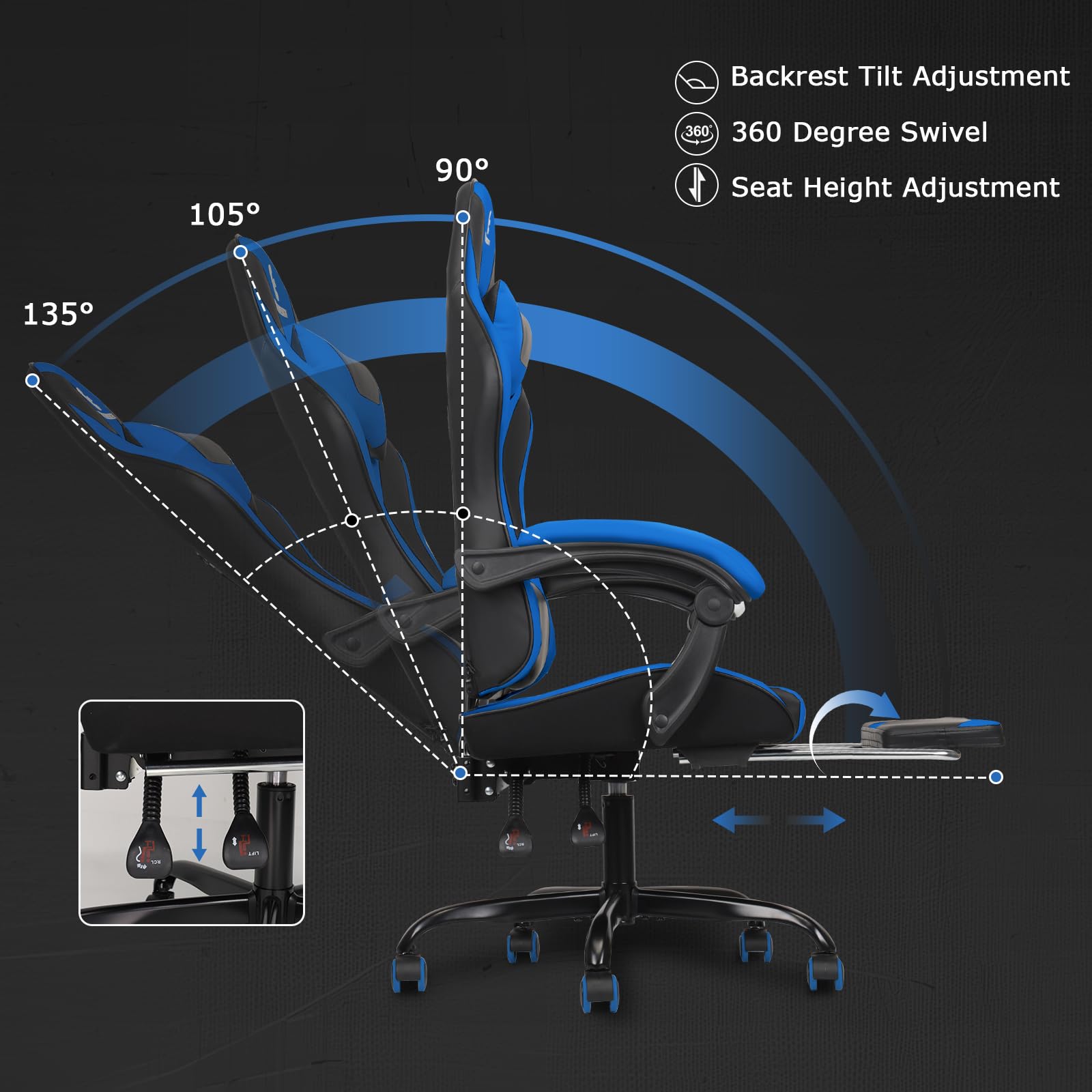 Premium Gaming Chair with Adjustable Linkage Armrest & Footrest - Ergonomic High Back Video Game Chair for PC & Console Gamers - Black & Blue - Perfect for Esports, Streaming & Long Gaming Sessions