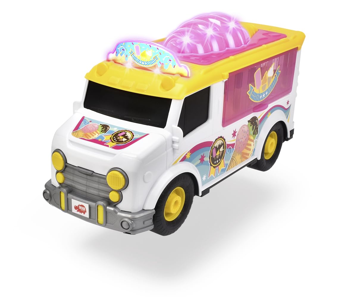 DICKIE TOYS 12 Inch Ice Cream Truck Toy - White and Yellow Ride-On Vehicle for Kids | Pretend Play, Outdoor Fun, Birthday Gift for Toddlers & Children