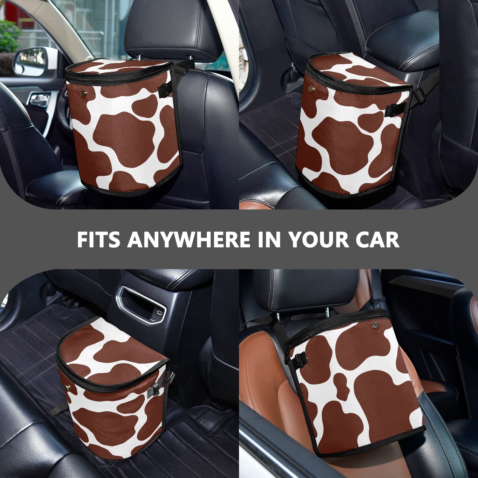 JUNZAN Leakproof Hanging Car Trash Can with Lid - Brown Cow Print Design for Minivan, Truck, Van & SUV - Perfect for Road Trips, Commuting & Family Travel