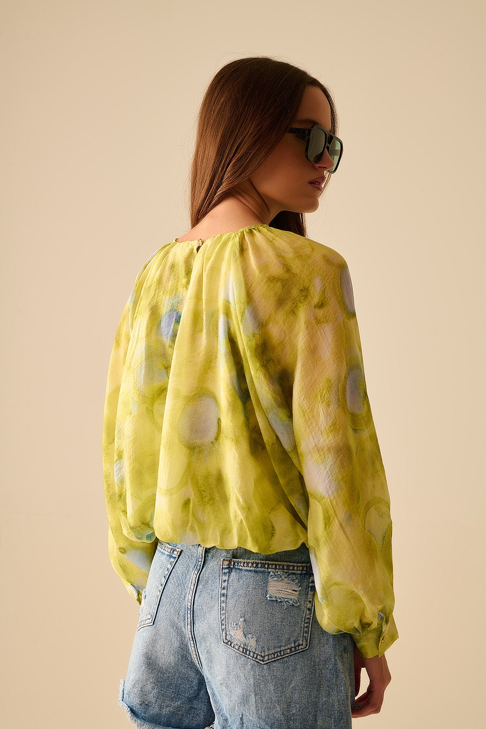 Floral Print Chiffon Blouse with Puff Sleeves - Elegant Green Women's Top for Casual Wear & Office Outfits