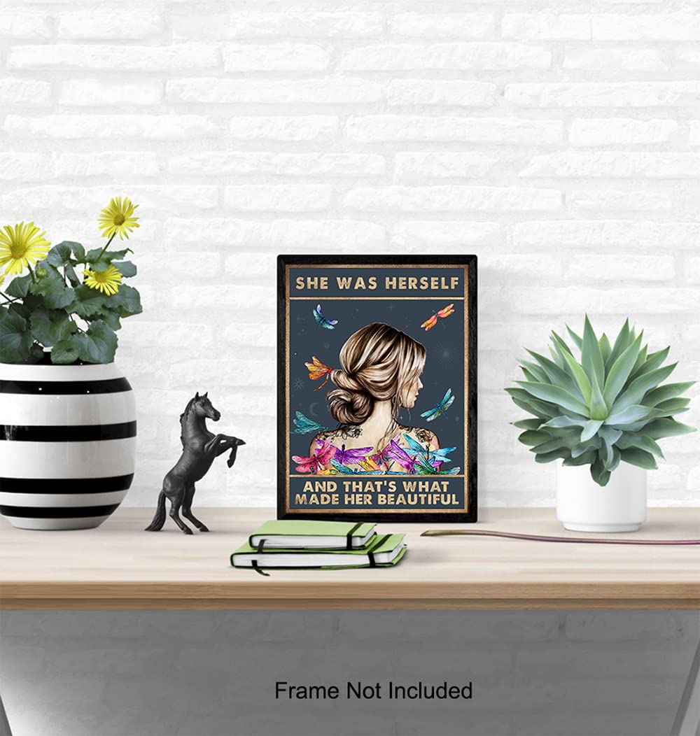 Positive Quotes Wall Art - Uplifting Inspirational Sayings Decor - Encouragement Gifts for Women & Teen Girls - Boho Bohemian Dragonfly Bedroom Poster - Motivational Wall Sign for Home Office, Living Room & Dorm Decor